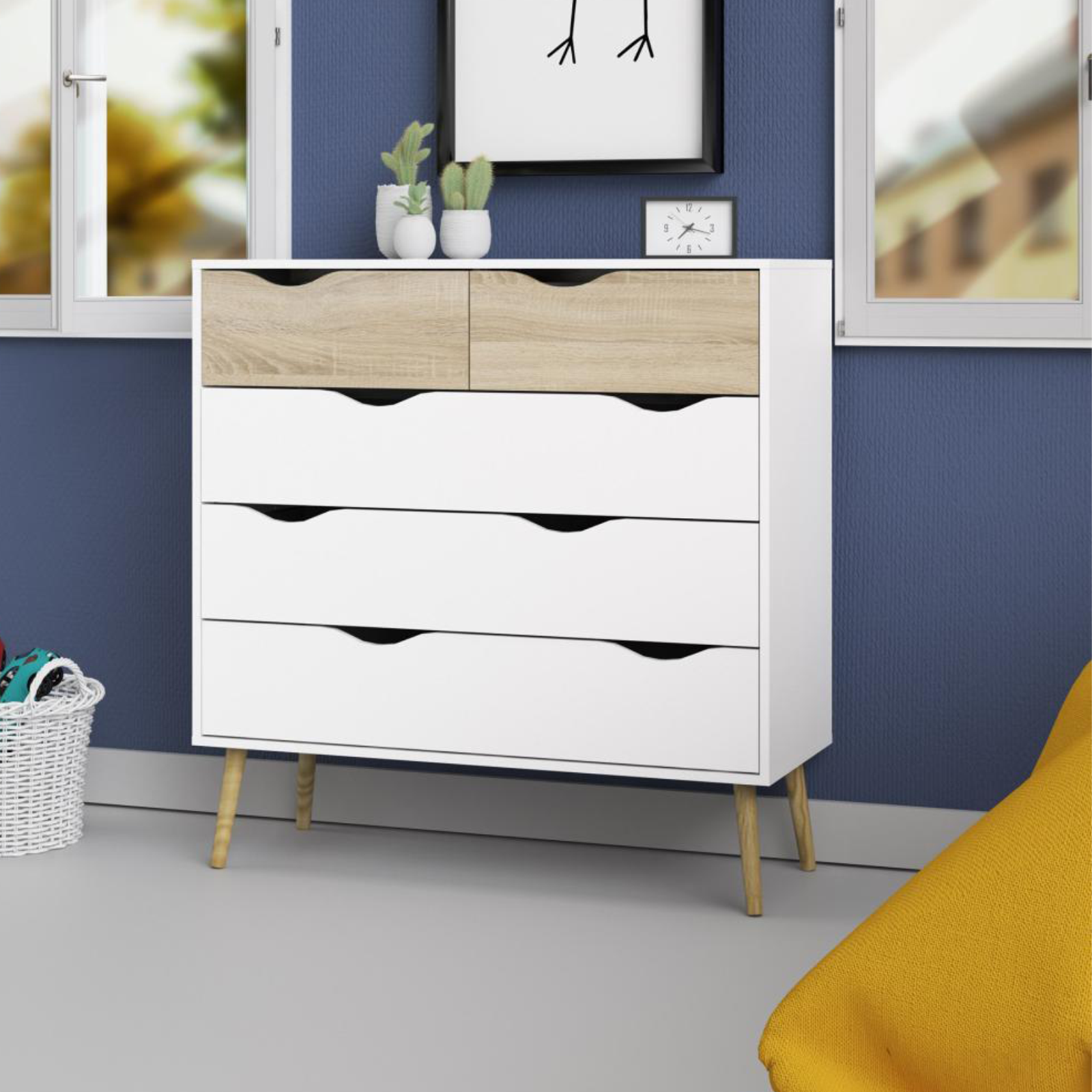 Modern "Oslo" bedroom chest of drawers in white and oak wood