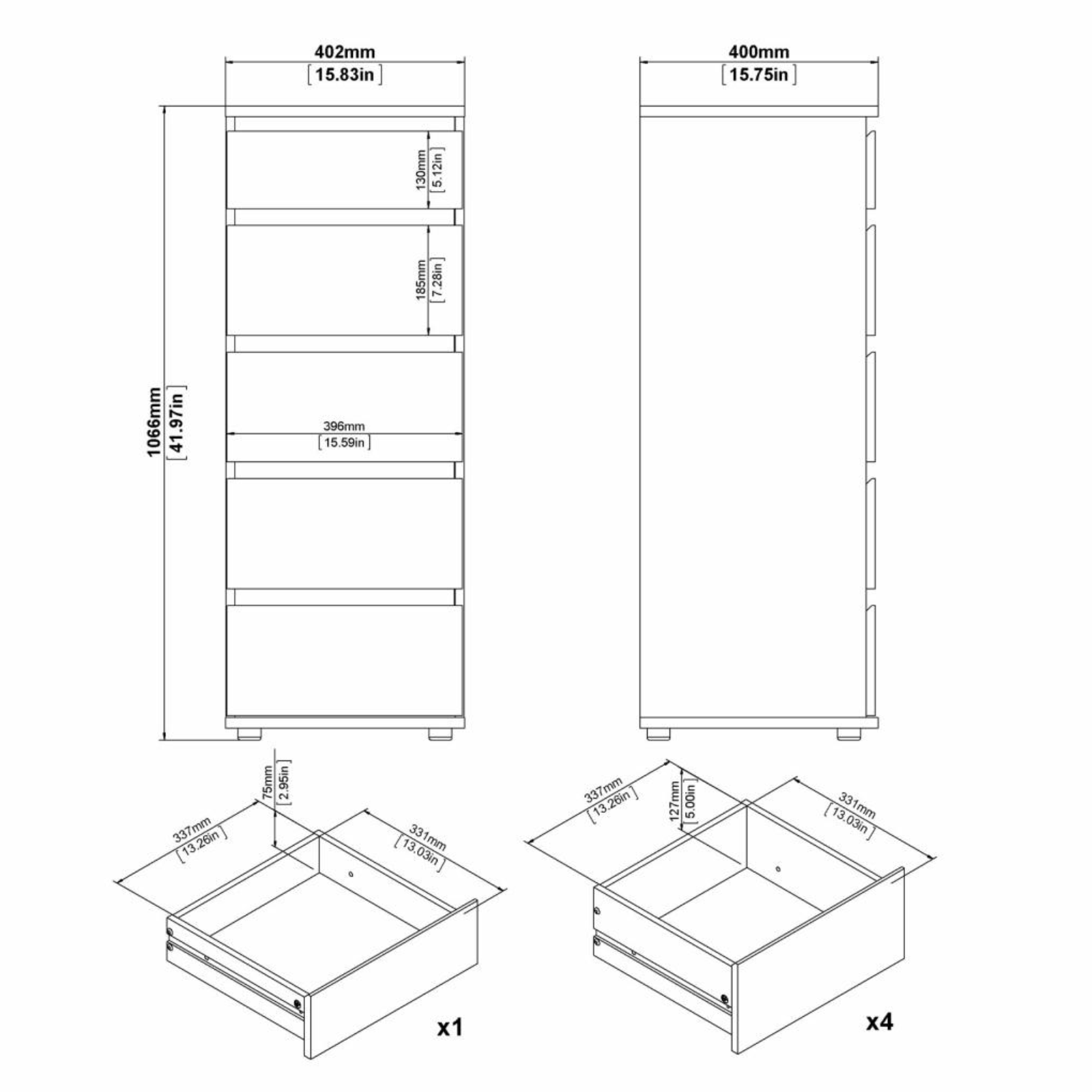 Modern "Nova" bedroom chest of drawers in white and oak wood