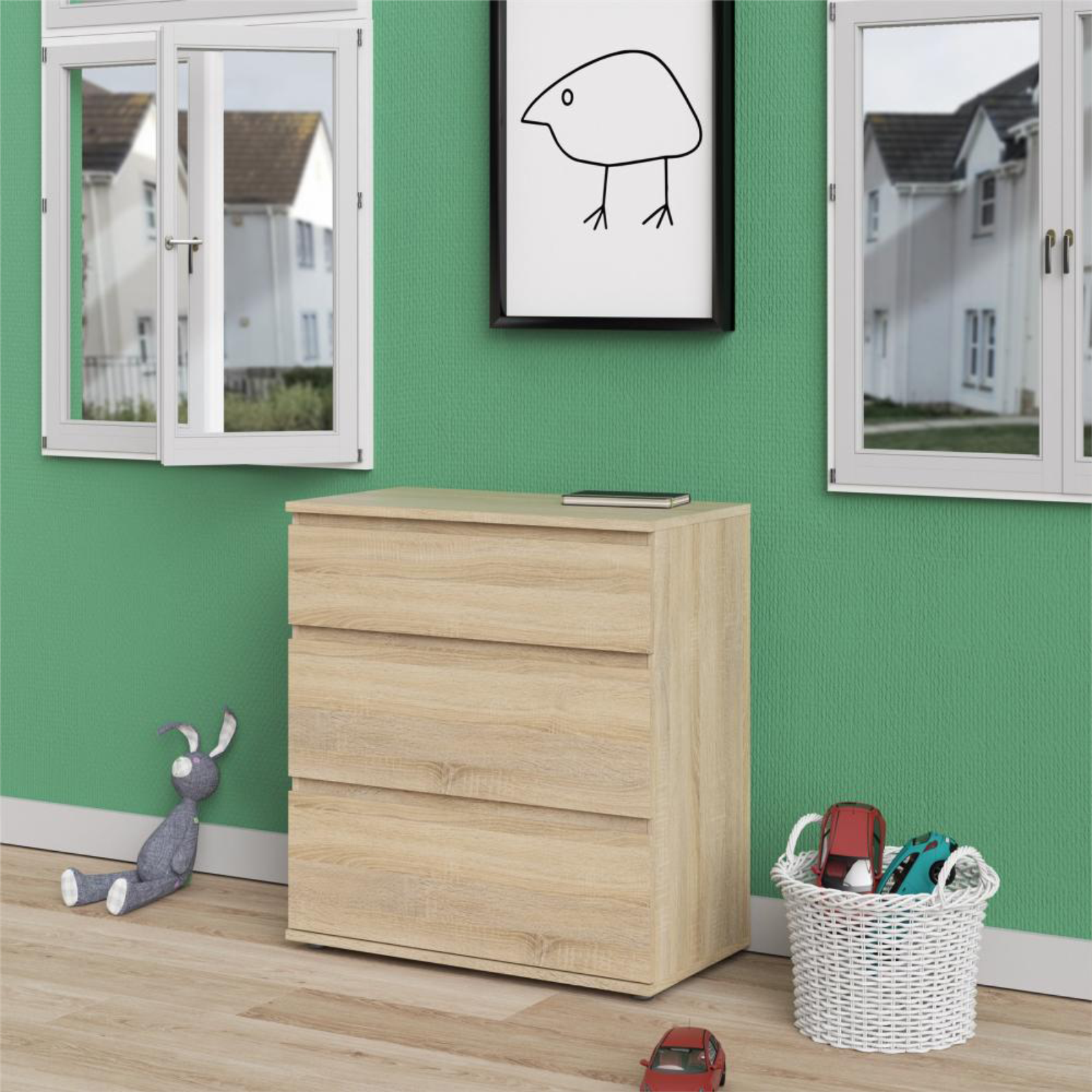 Modern "Nova" bedroom chest of drawers in white and oak wood