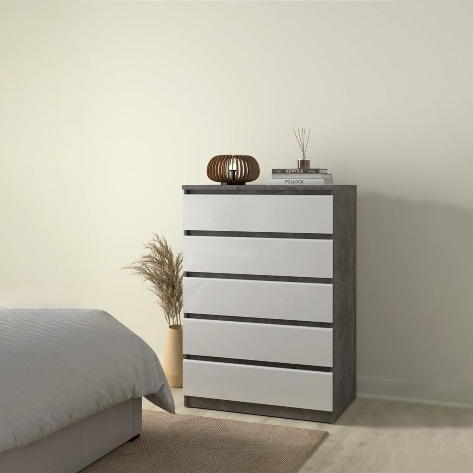 Modern "Naia" bedroom chest of drawers in white wood and concrete