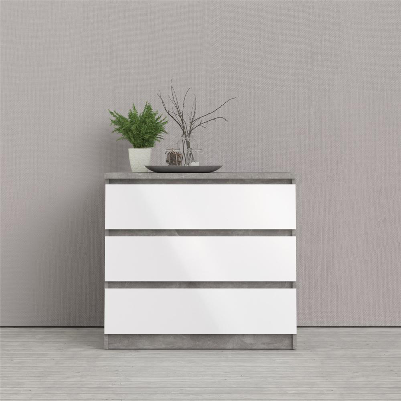 Modern "Naia" bedroom chest of drawers in white wood and concrete