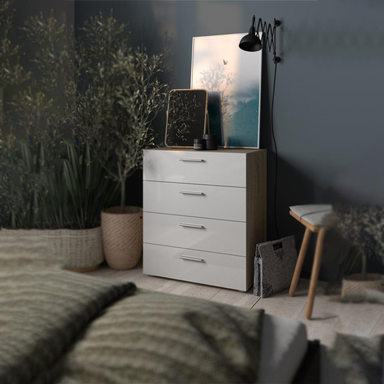 Modern chest of drawers "Pepe" in white wood and oak 4 drawers 70x40 cm 82h