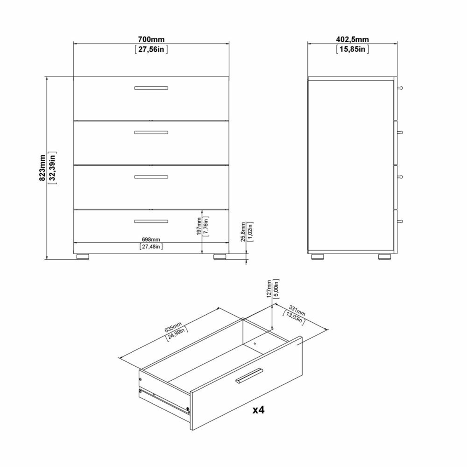 Modern chest of drawers "Pepe" in white wood and oak 4 drawers 70x40 cm 82h