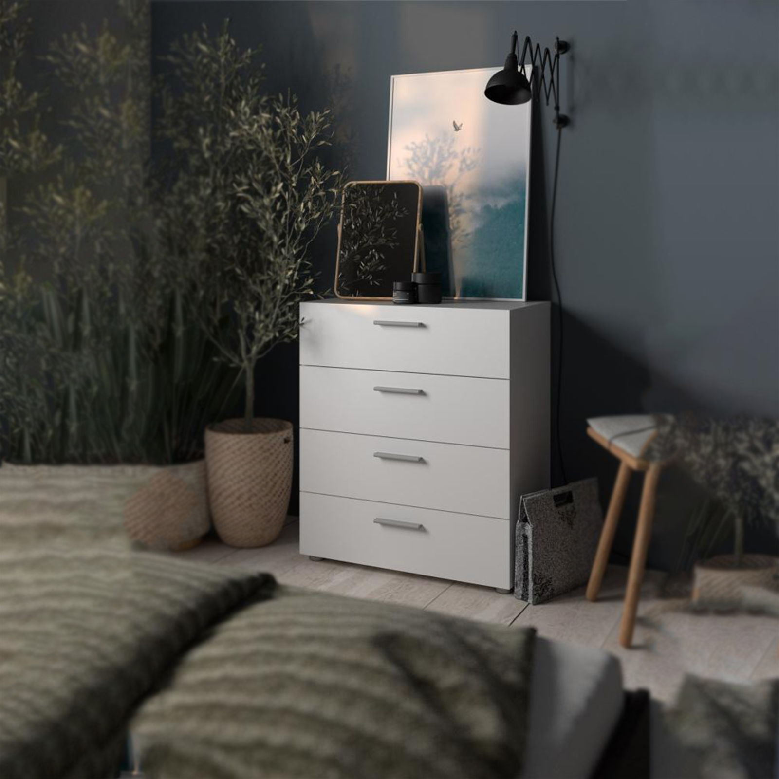 Modern chest of drawers "Pepe" in white wood and oak 4 drawers 70x40 cm 82h