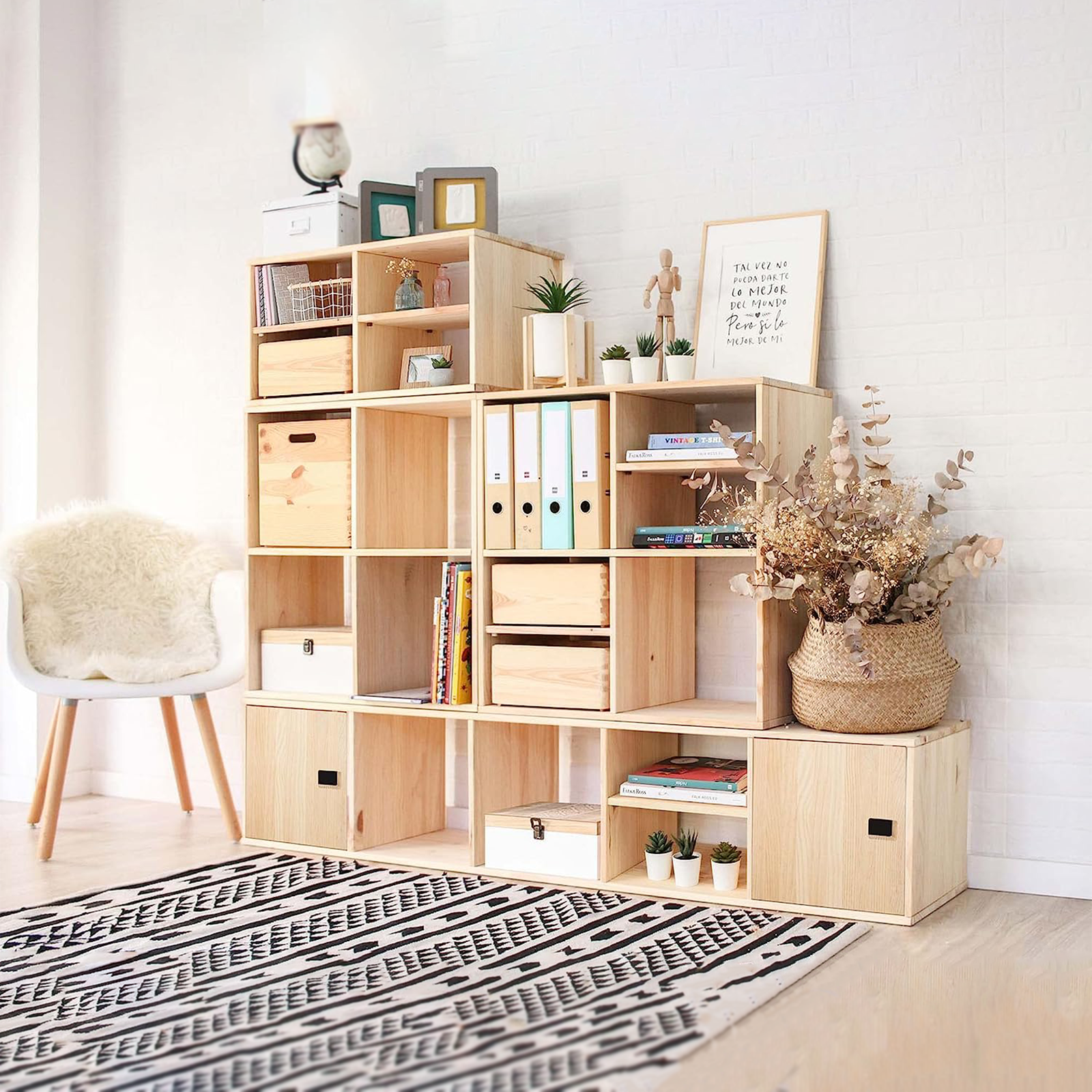 "Cubo" modular wooden bookcase, wall-mounted shelf with open compartments