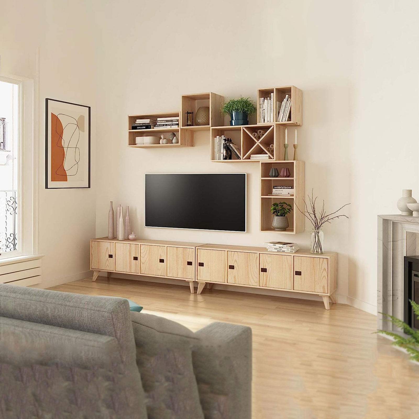 "Cubo" modular wooden bookcase, wall-mounted shelf with open compartments