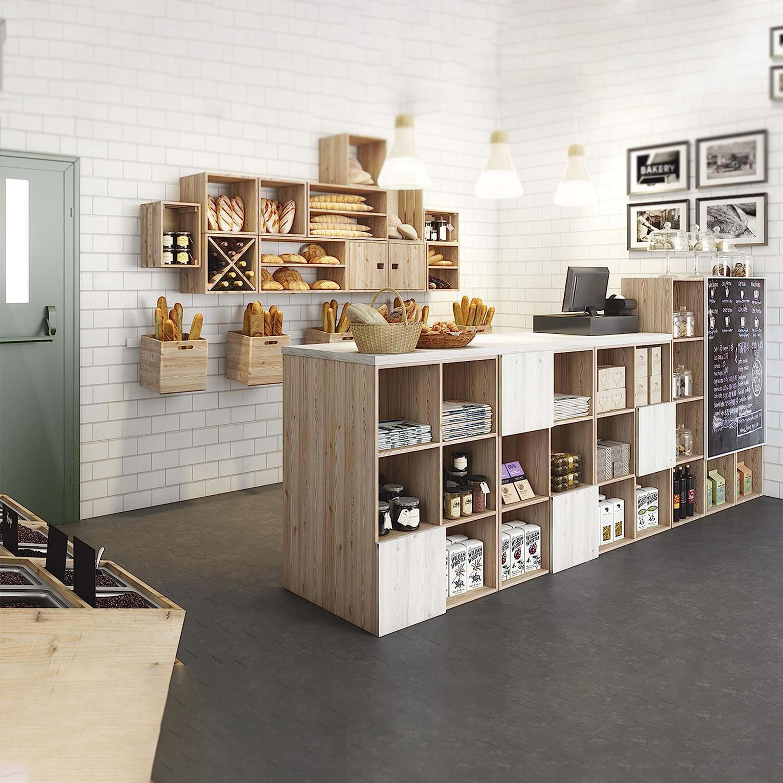 "Cubo" modular wooden bookcase, wall-mounted shelf with open compartments