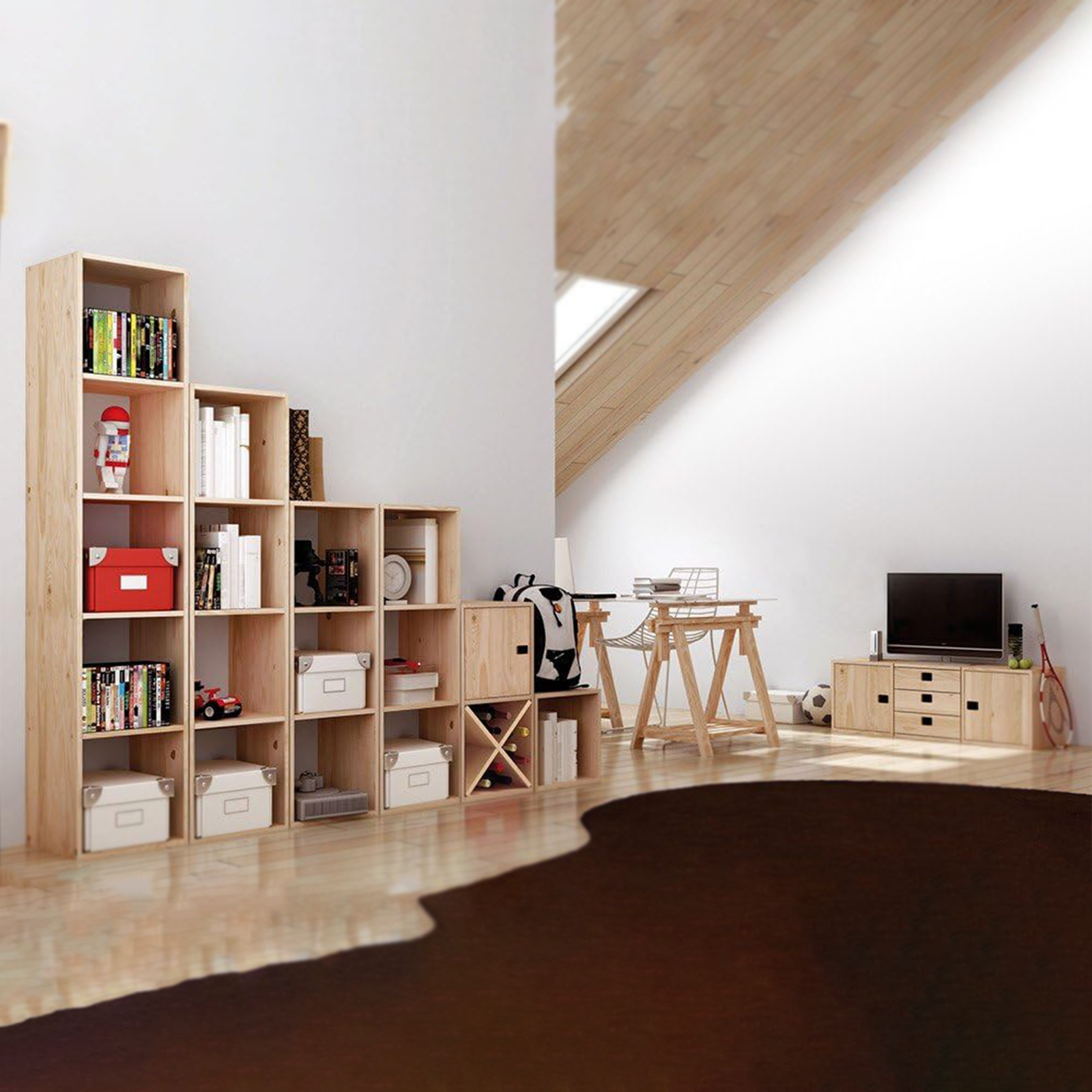 "Cubo" modular wooden bookcase, wall-mounted shelf with open compartments