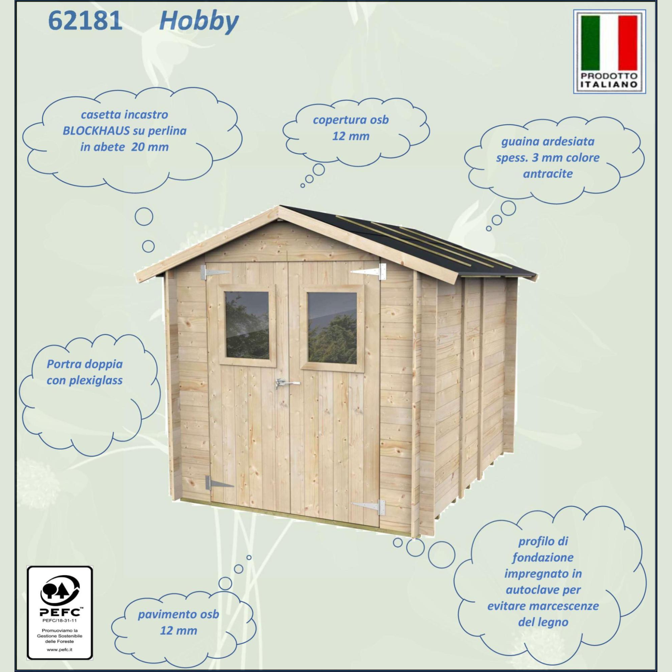 "Hobby" wooden garden house, 198x248 cm, 215 cm high, double door with windows
