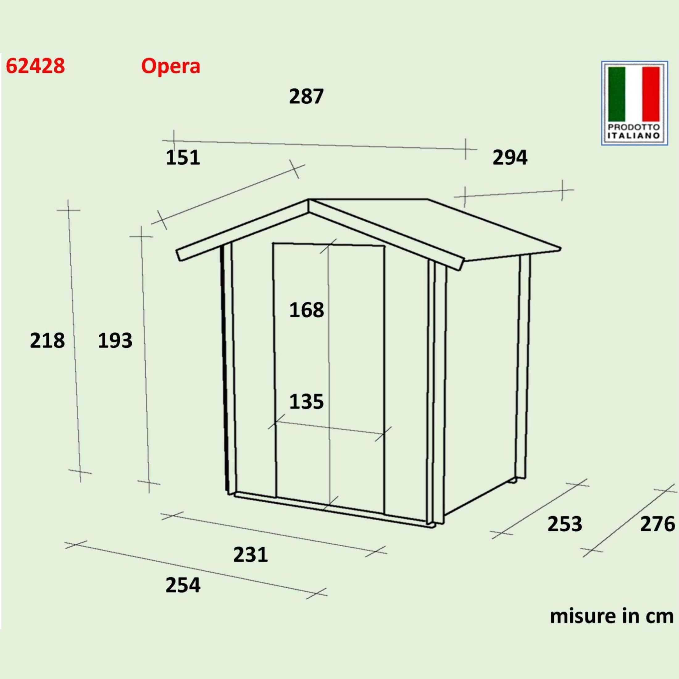 "Opera" wooden garden house, 254x276 cm, 218 cm high, double door with windows