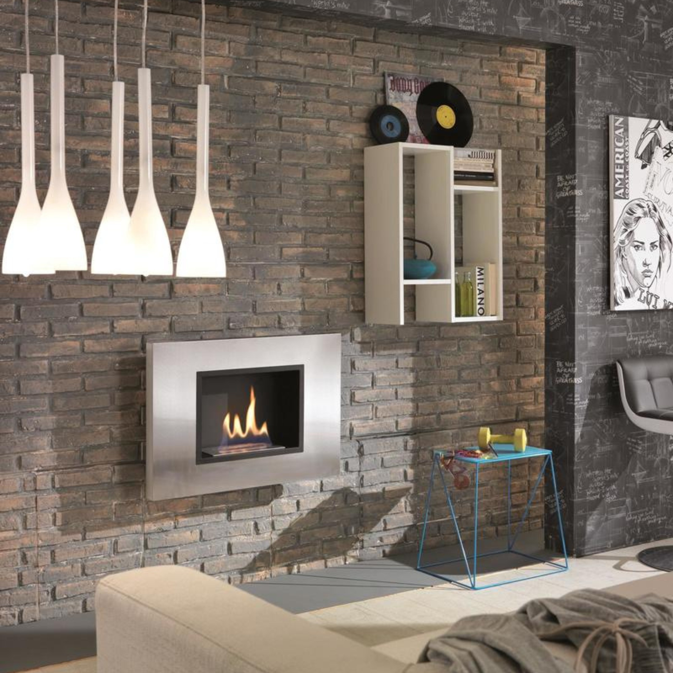 "Charles" wall-mounted bioethanol fireplace in satin-finish steel, 78 x 17 cm, 54 cm high.