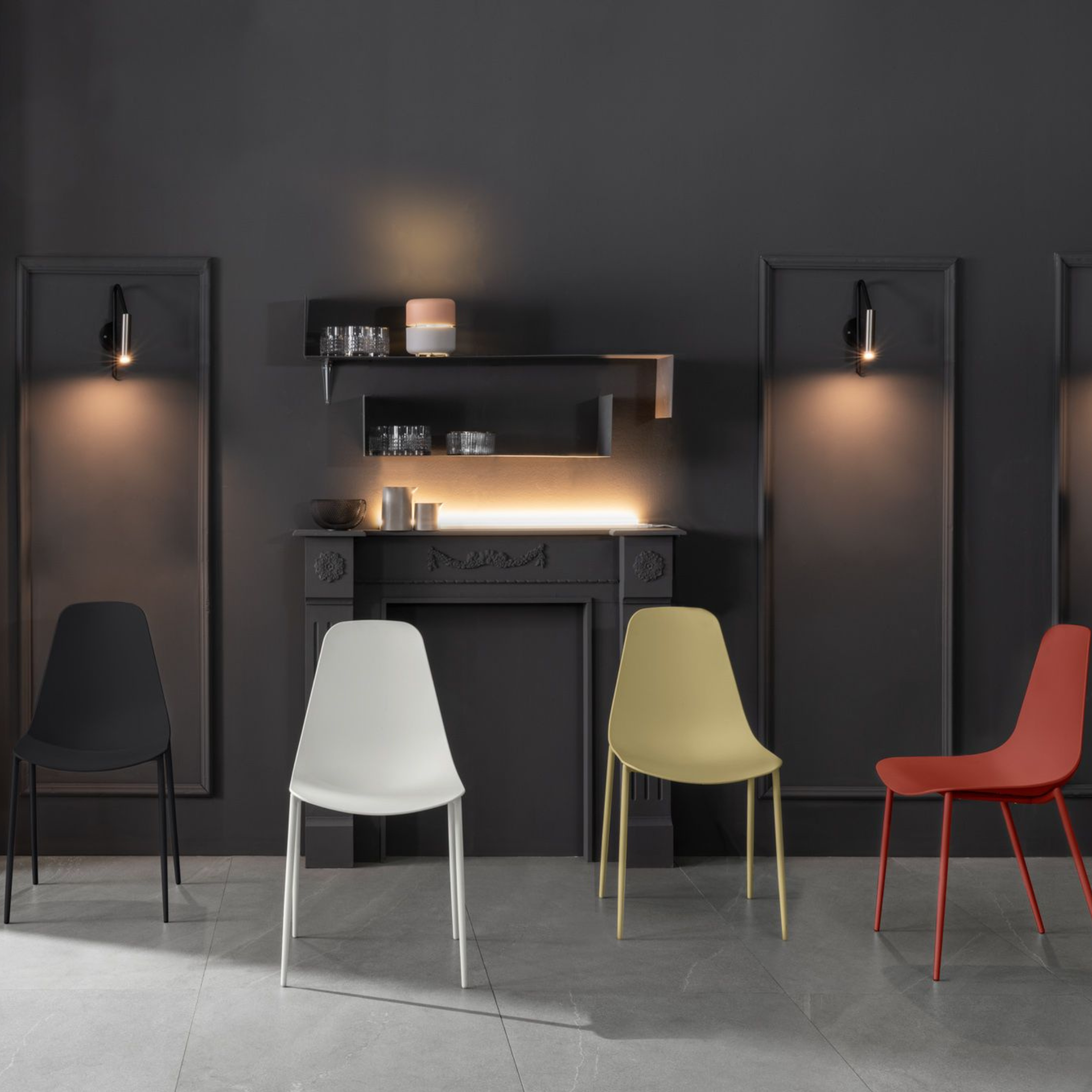 Set of modern "Kate" polypropylene chairs for living room with painted metal frame