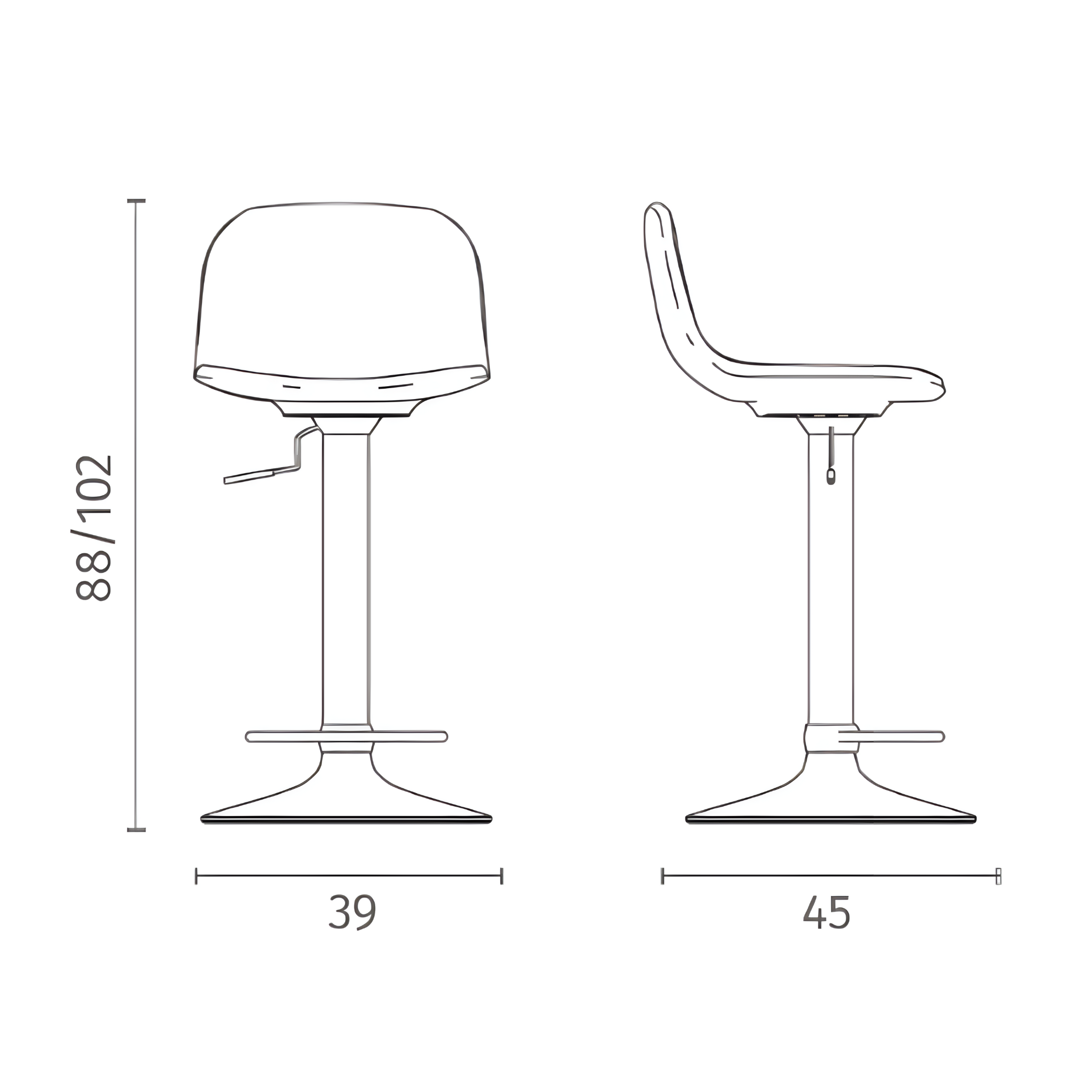 Set of "Woody" high stools in fabric with gas lift and footrest, 45x39 cm, 86h
