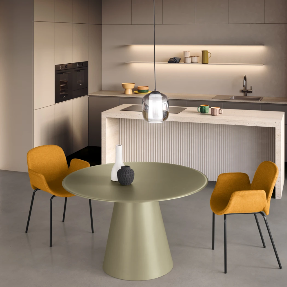 Tavolo tondo fisso "Paride" con base conica e piano in vetro cm Ø 120x76h