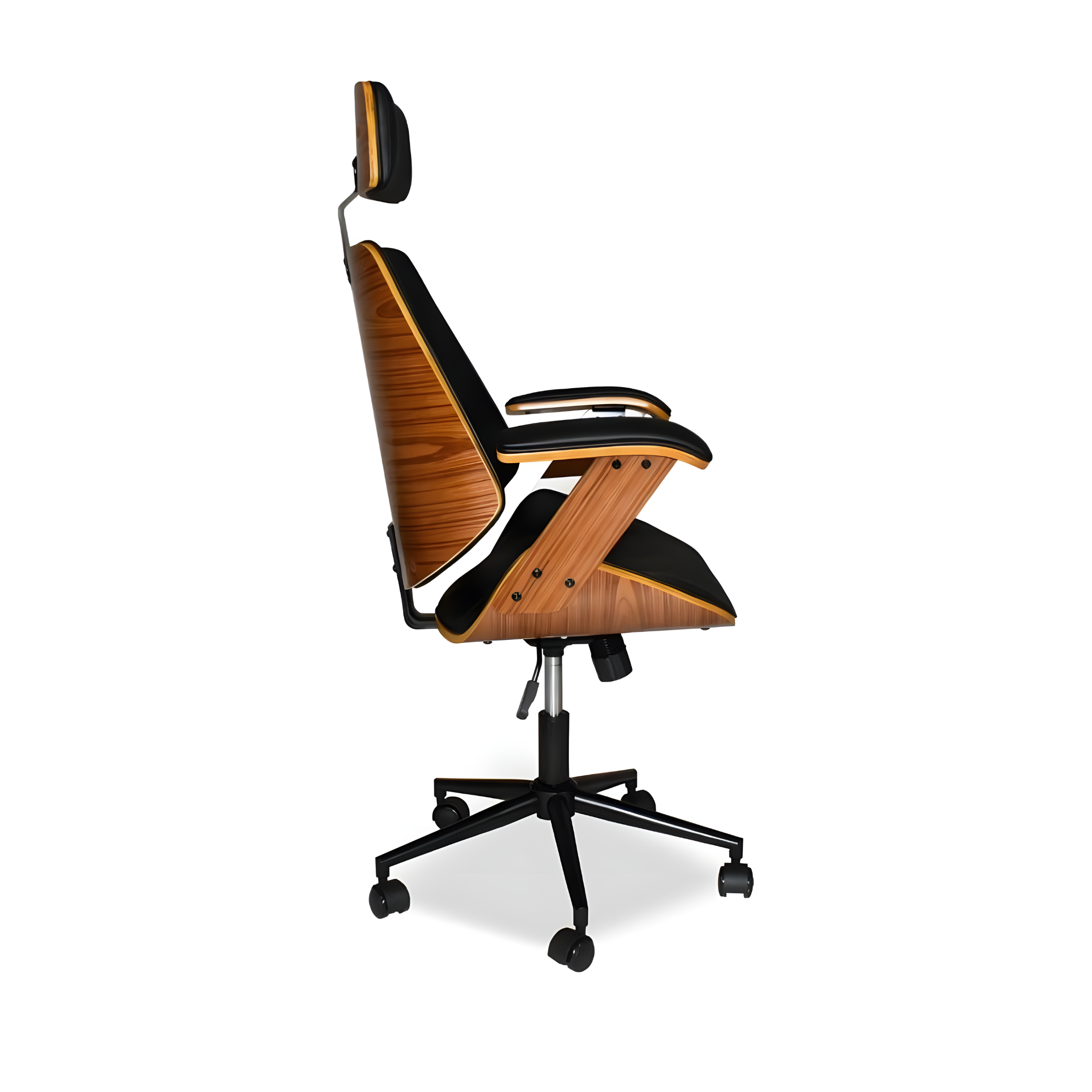 "James" swivel office chair in black leather with wood-effect frame and armrests, 66x50 cm, 118 cm high.