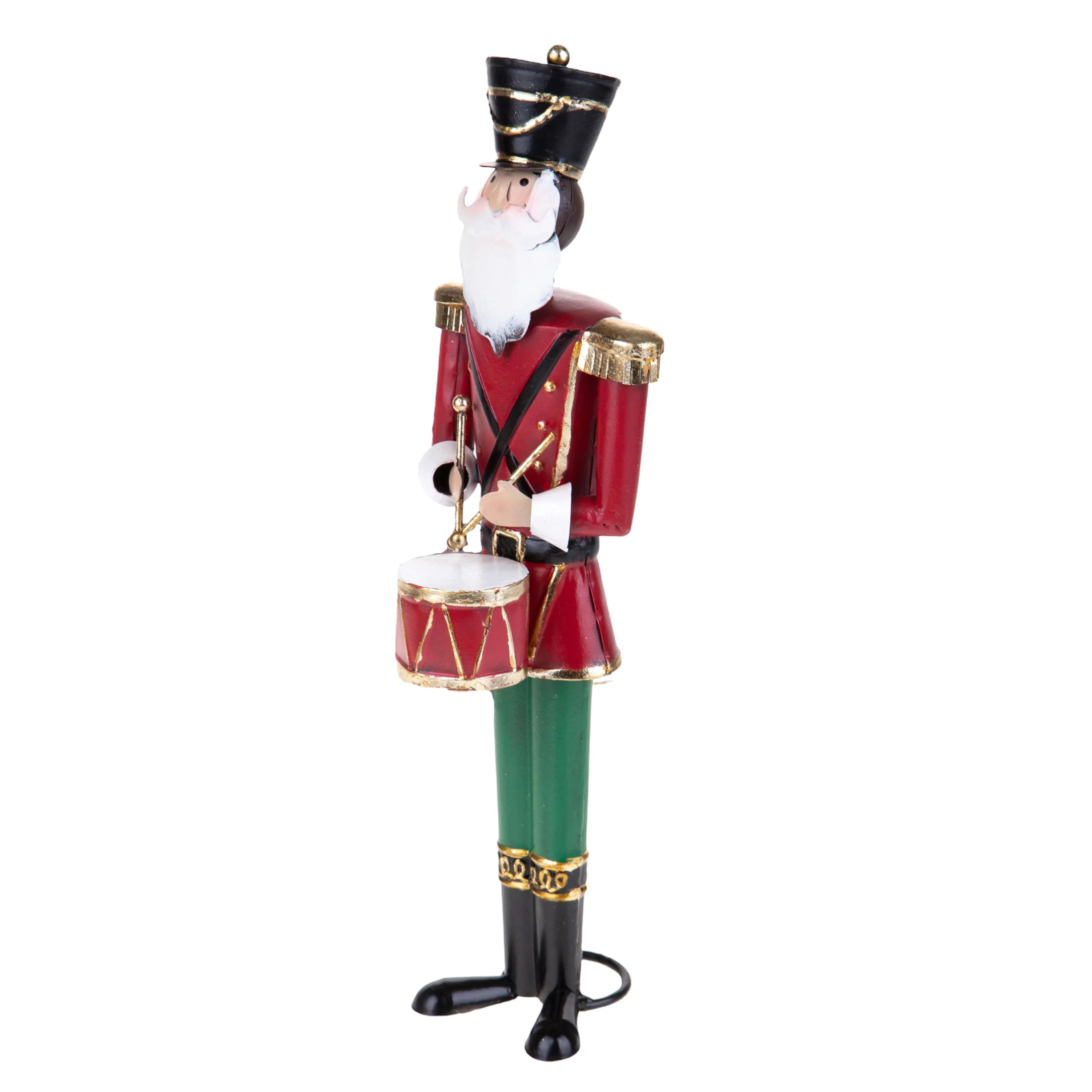 Red and green Christmas nutcracker soldier with drum, 10 x 35 cm.