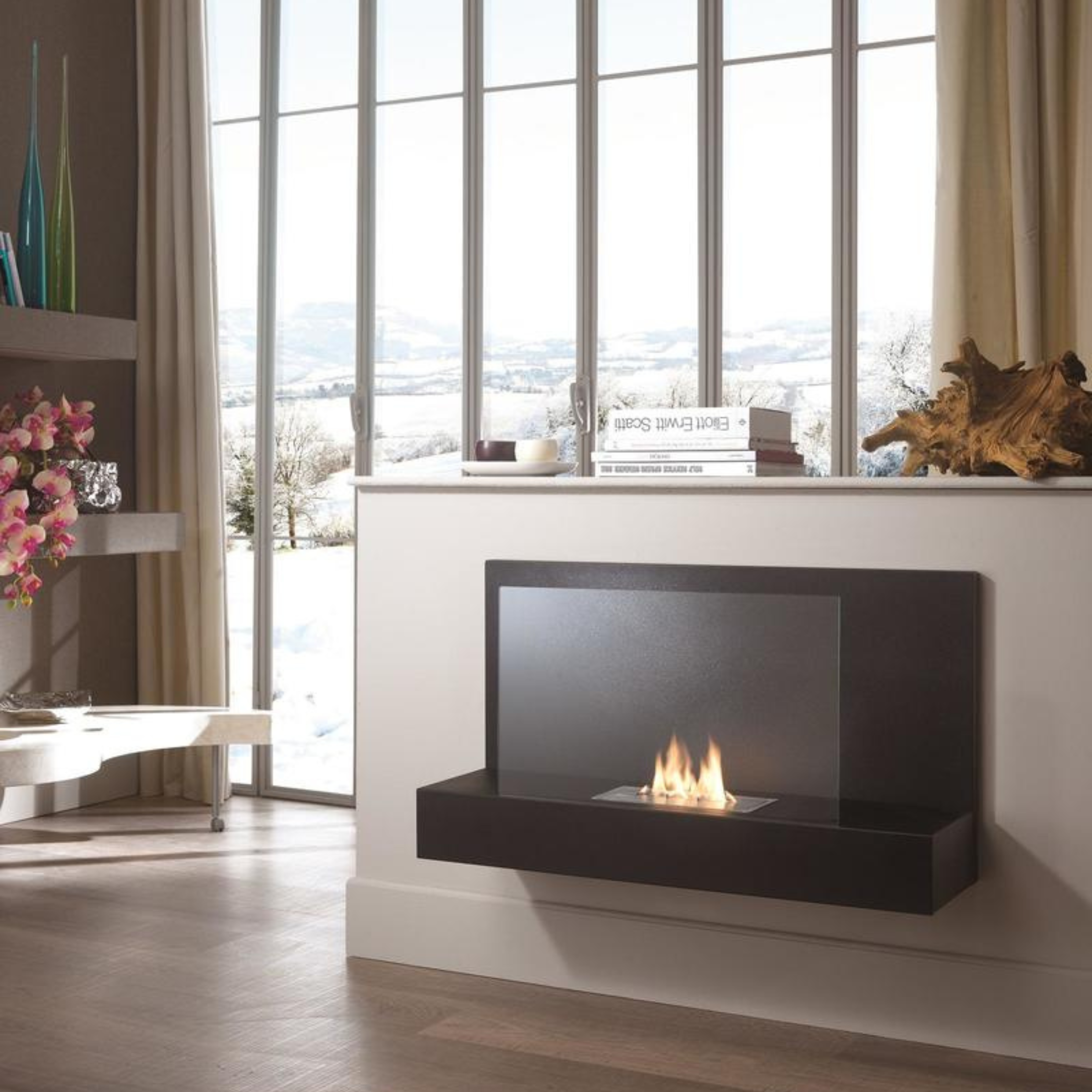 "Balm" bioethanol fireplace in tempered glass, 90x26 cm, 50 cm high.