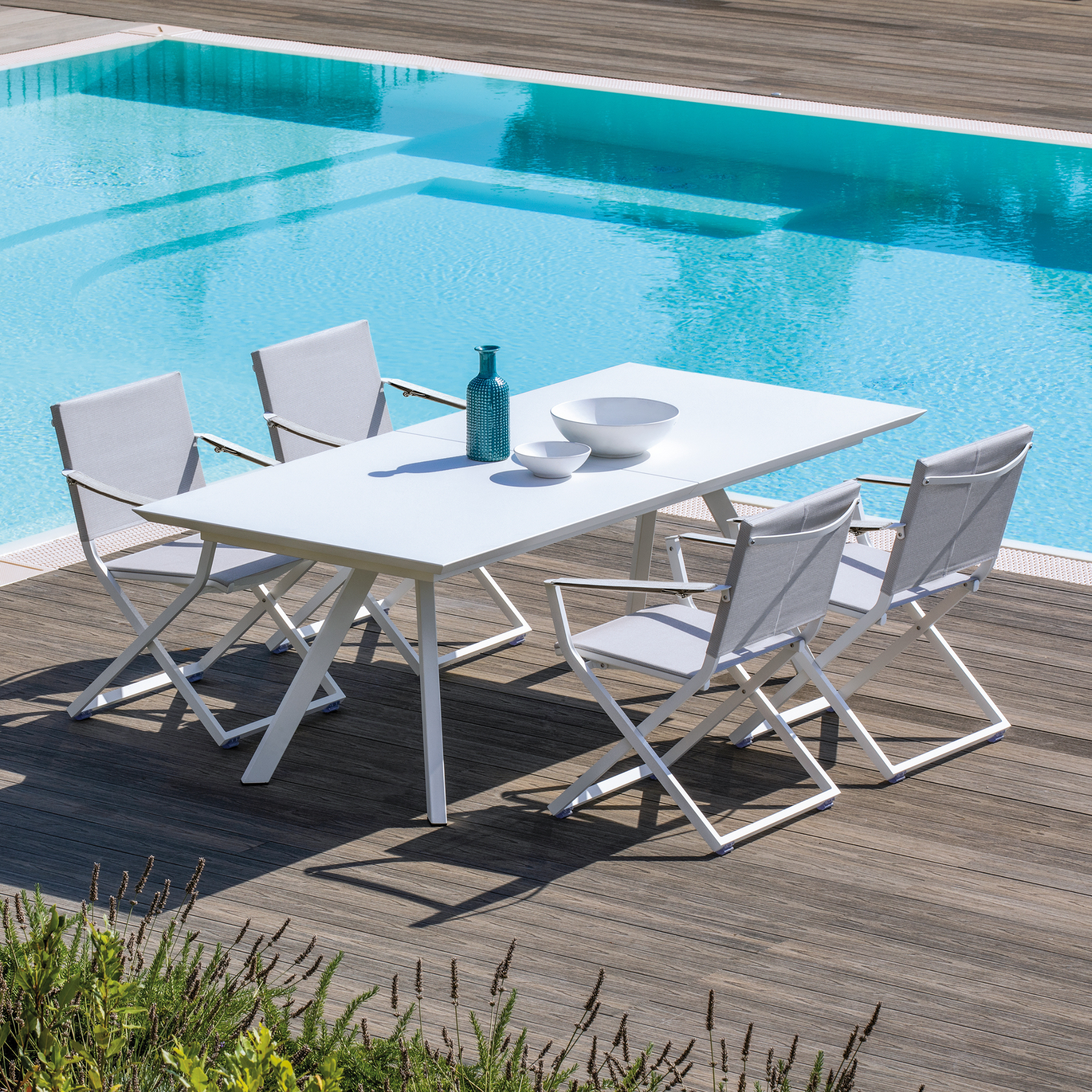 Set of "Fellini" folding garden chairs with fabric backrest and seat