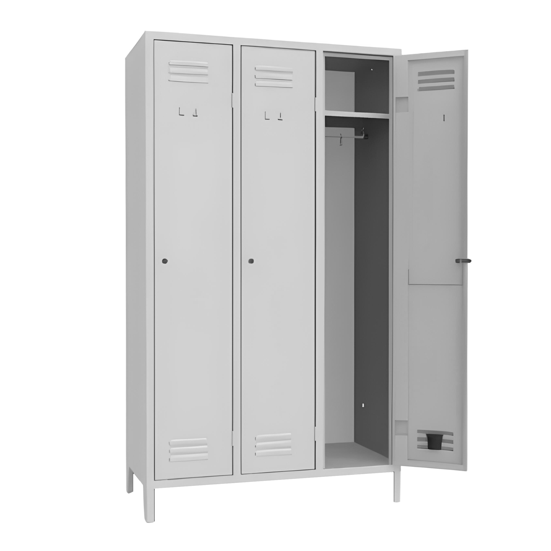 "Merlin" 3-door metal dressing cabinet with shelf and clothes hanger