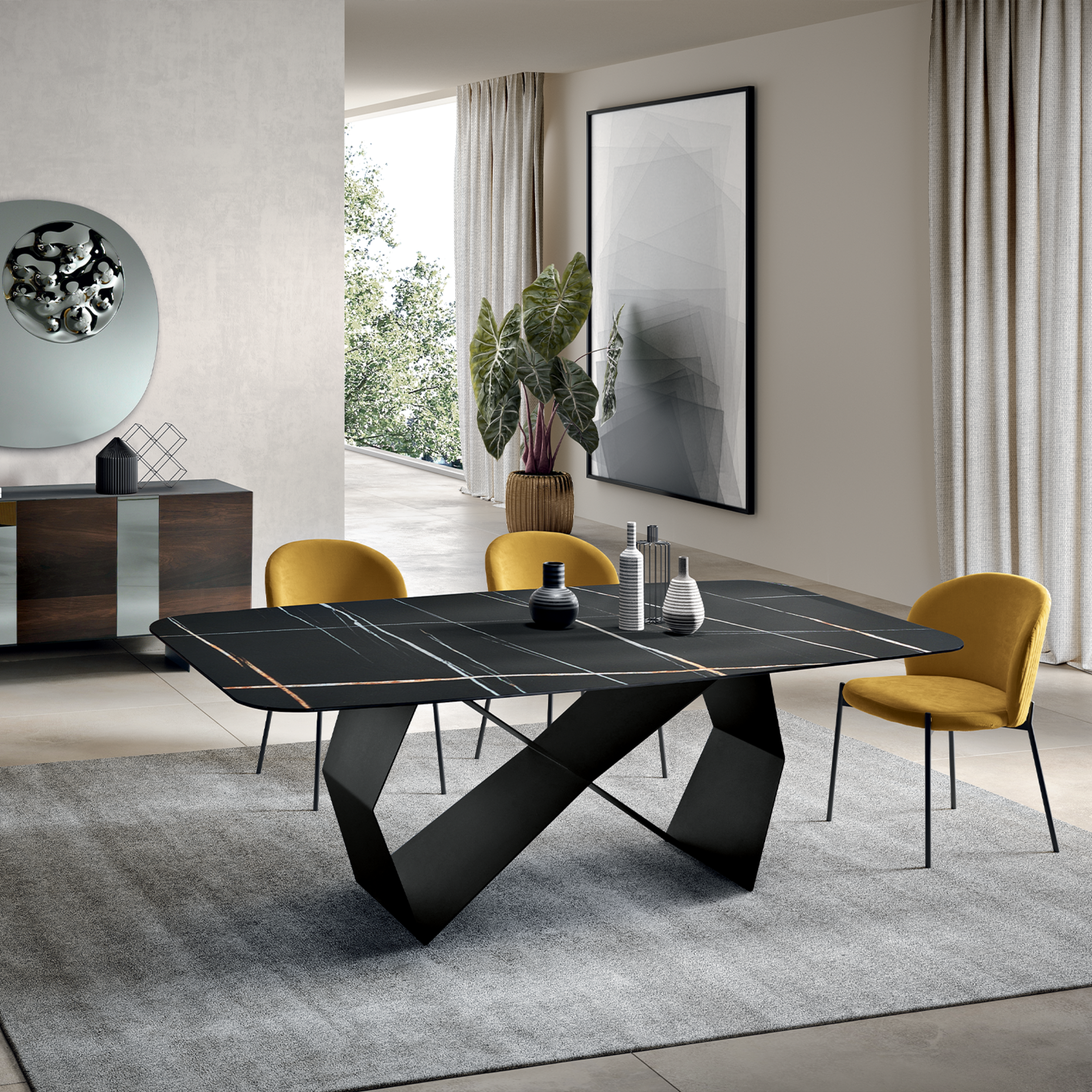 "Karlito" modern fixed table with painted metal base, 210x110 cm, 75 cm high.