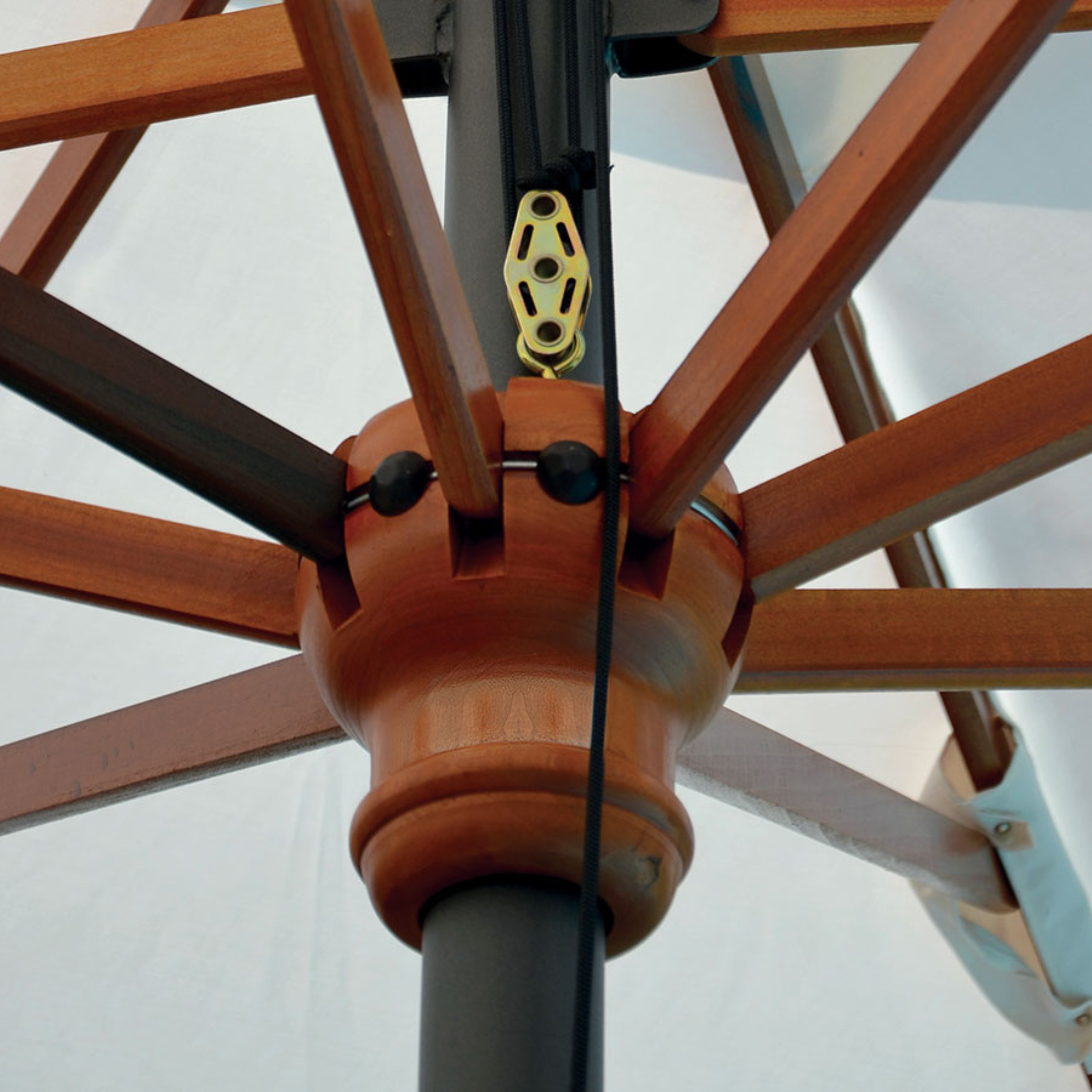 Modern white "Facility Wood" garden umbrella with telescopic central wooden pole