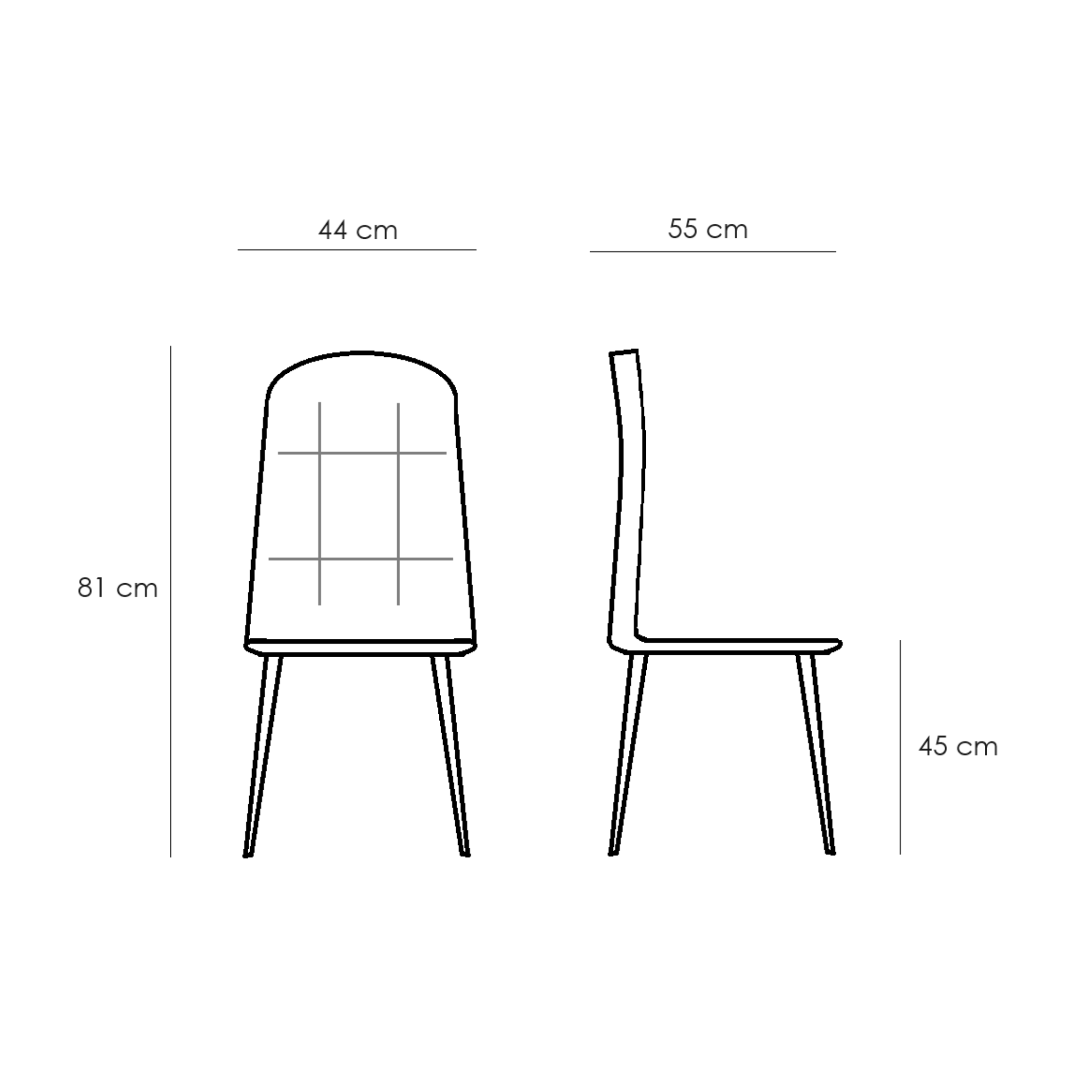 Set of modern "Eclisse" fabric upholstered dining chairs, 44x55 cm, 81 cm high