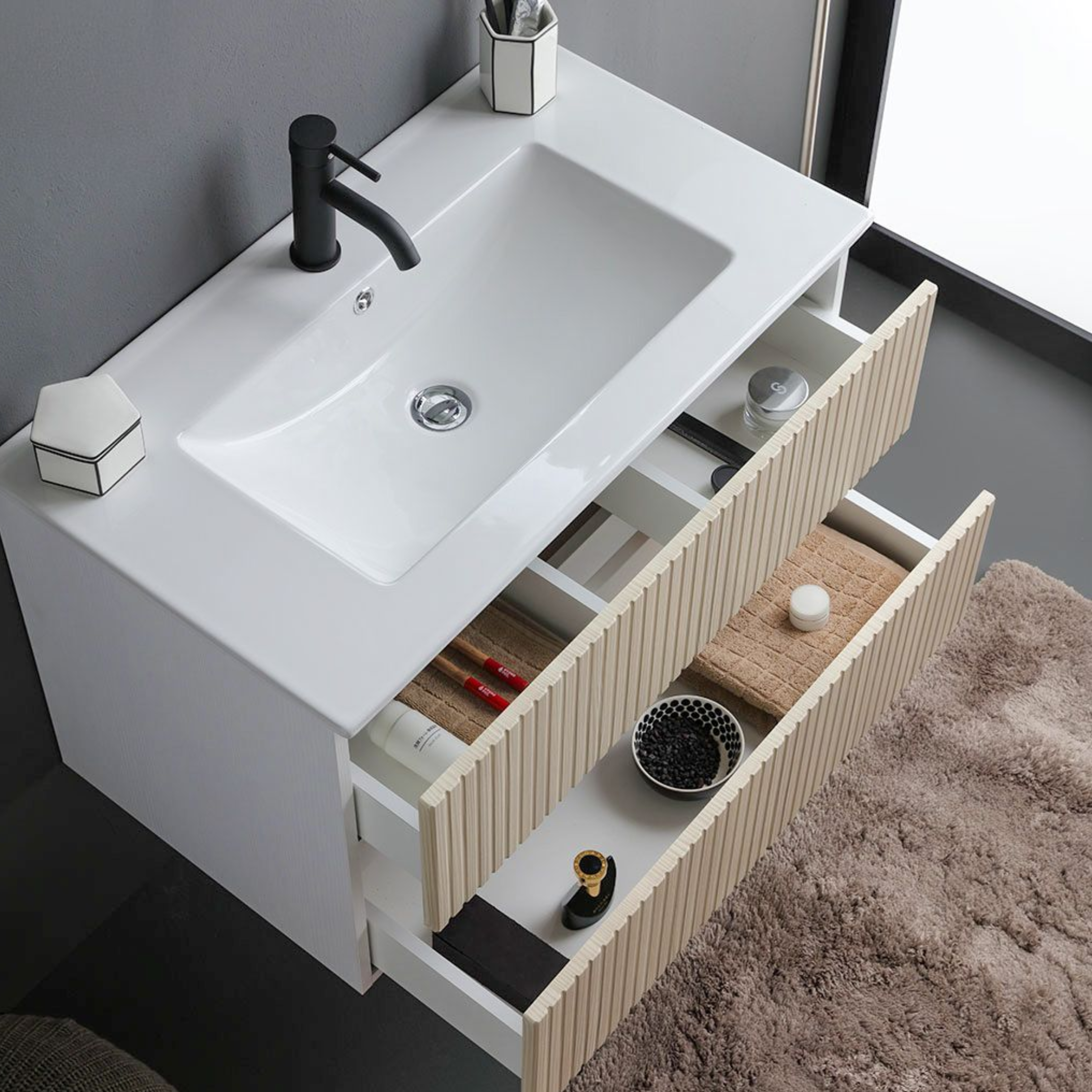 "Santorini" wall-hung bathroom cabinet, 80 cm, white and oak, with ribbed front and ceramic sink