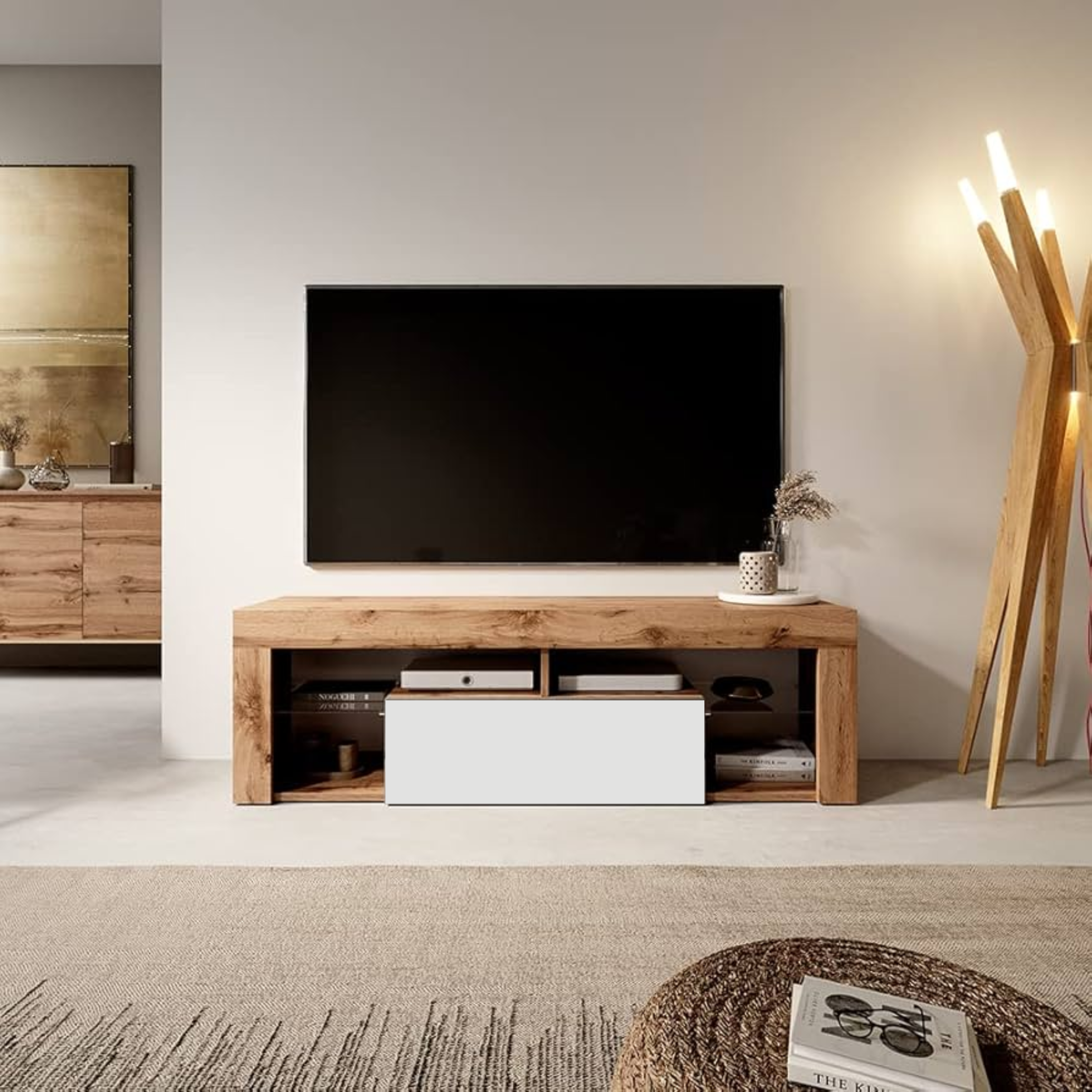 "Hugo" TV stand in oak and white wood, 140x35 cm, 50 cm high