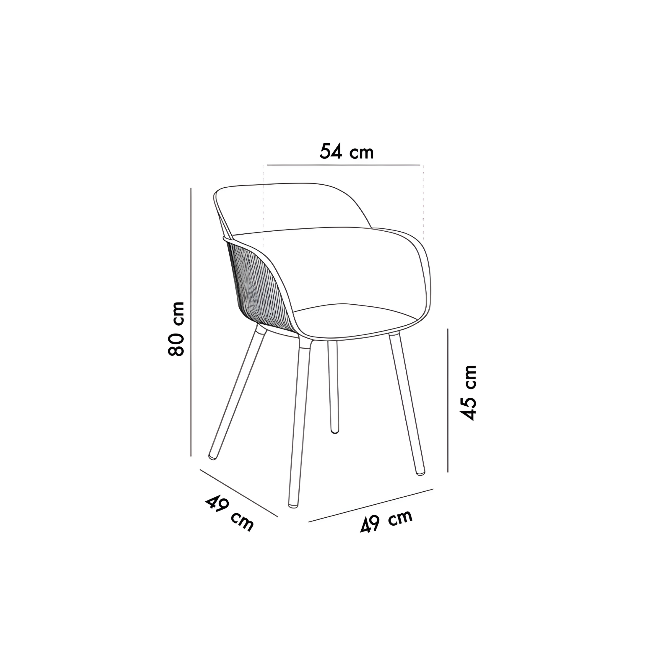 "Shell-P" dining chair set in polypropylene and fiberglass with armrests, 49x49 cm, 80 cm high.