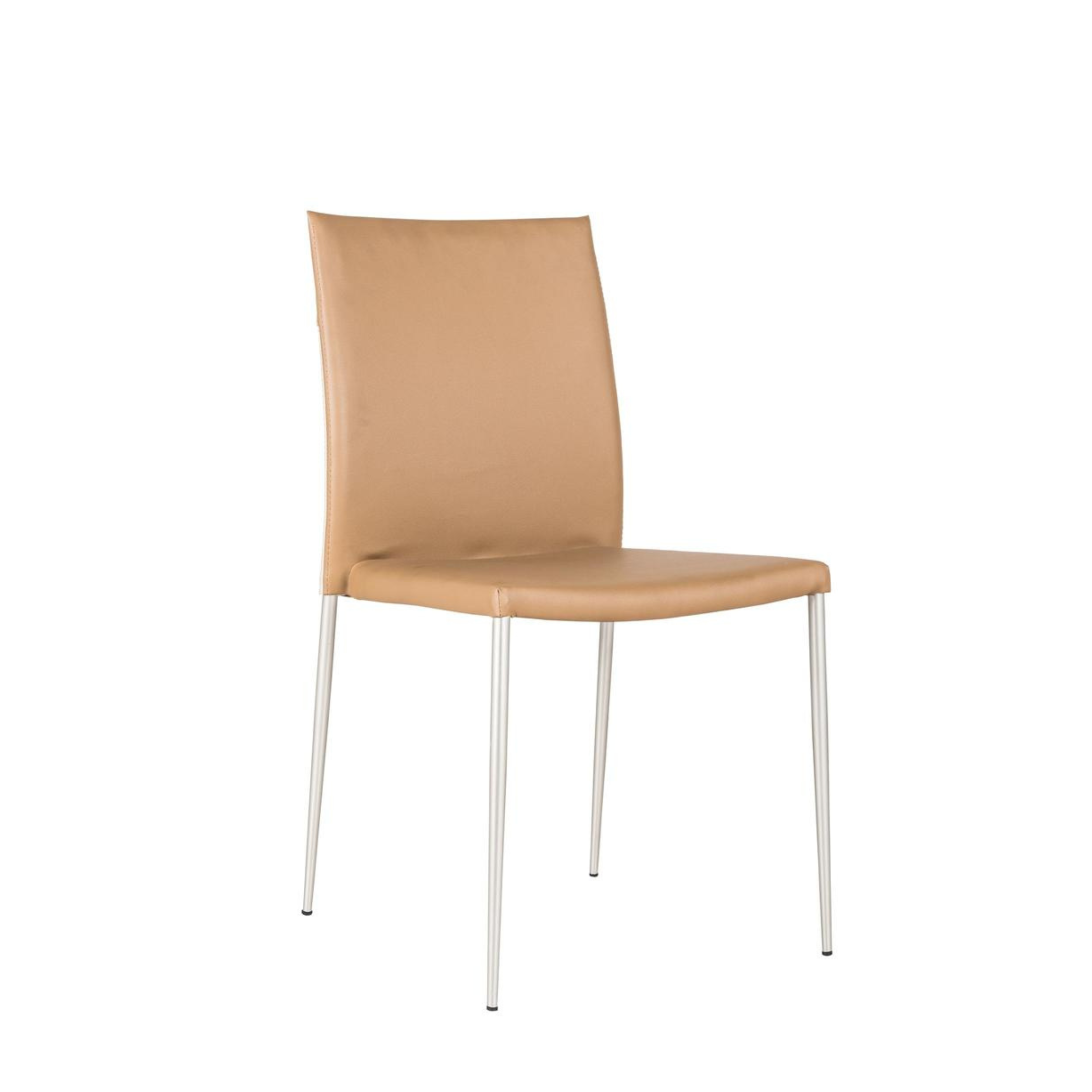 Set of stackable "Camelia" faux leather upholstered dining chairs with painted metal legs