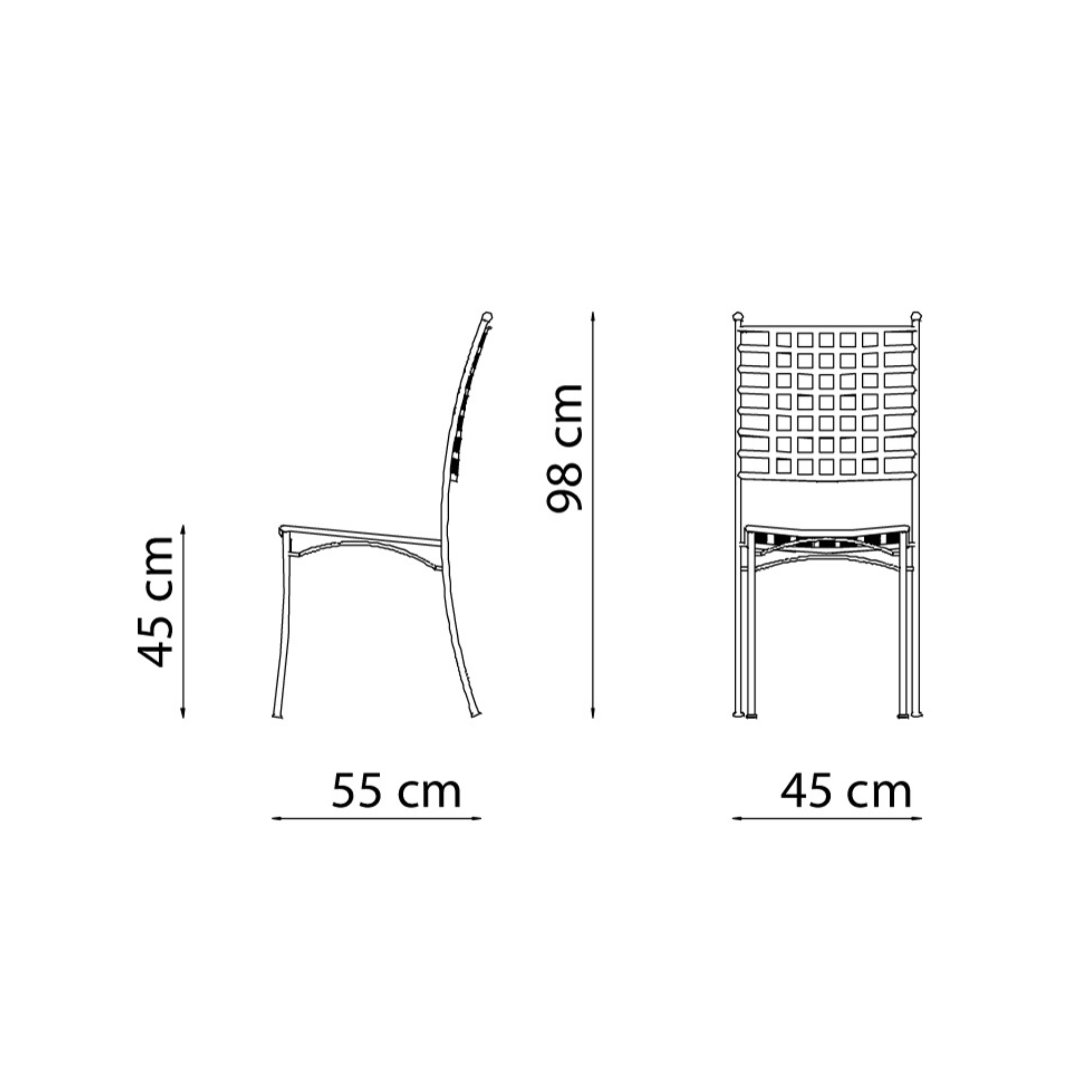 Set of modern stackable "Tosca" painted metal garden chairs, 45x58 cm, 100 cm high