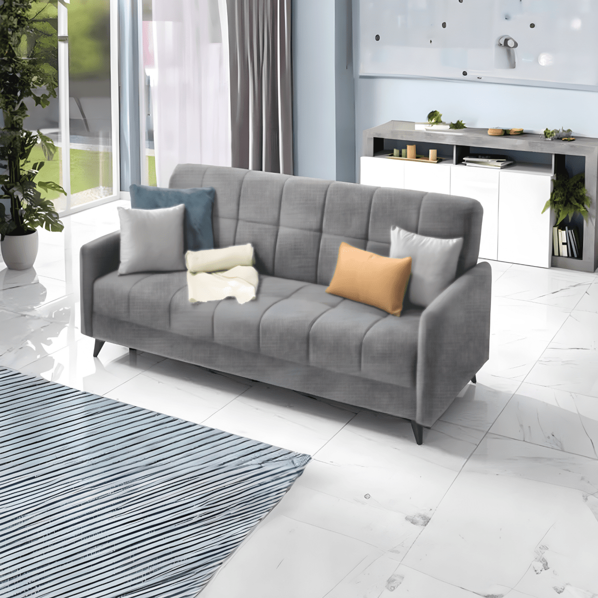 Divano letto a 3 posti contenitore "Santi Bacos" in velluto con 2 cuscini cm 211x92 98h - MondoViro