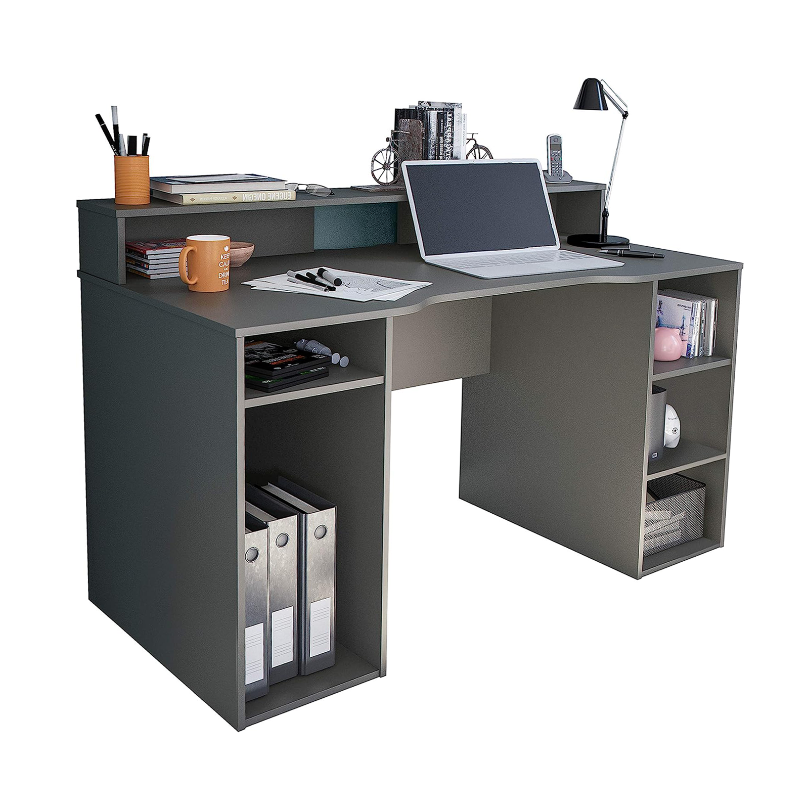 "Ozone" gaming desk in anthracite wood for the office with 5 open compartments, 136x67 cm, 88h