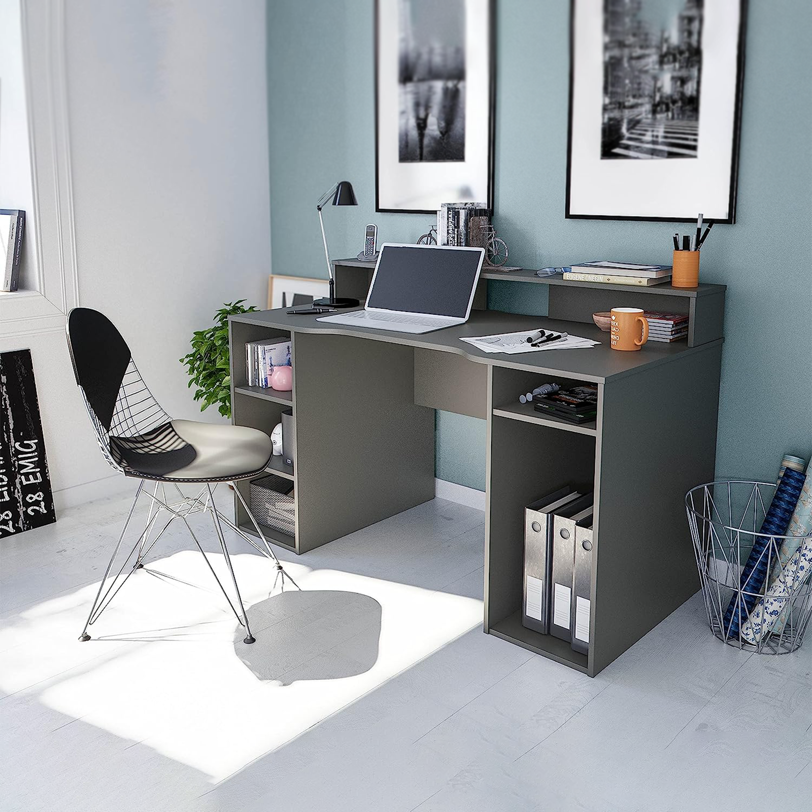 "Ozone" gaming desk in anthracite wood for the office with 5 open compartments, 136x67 cm, 88h
