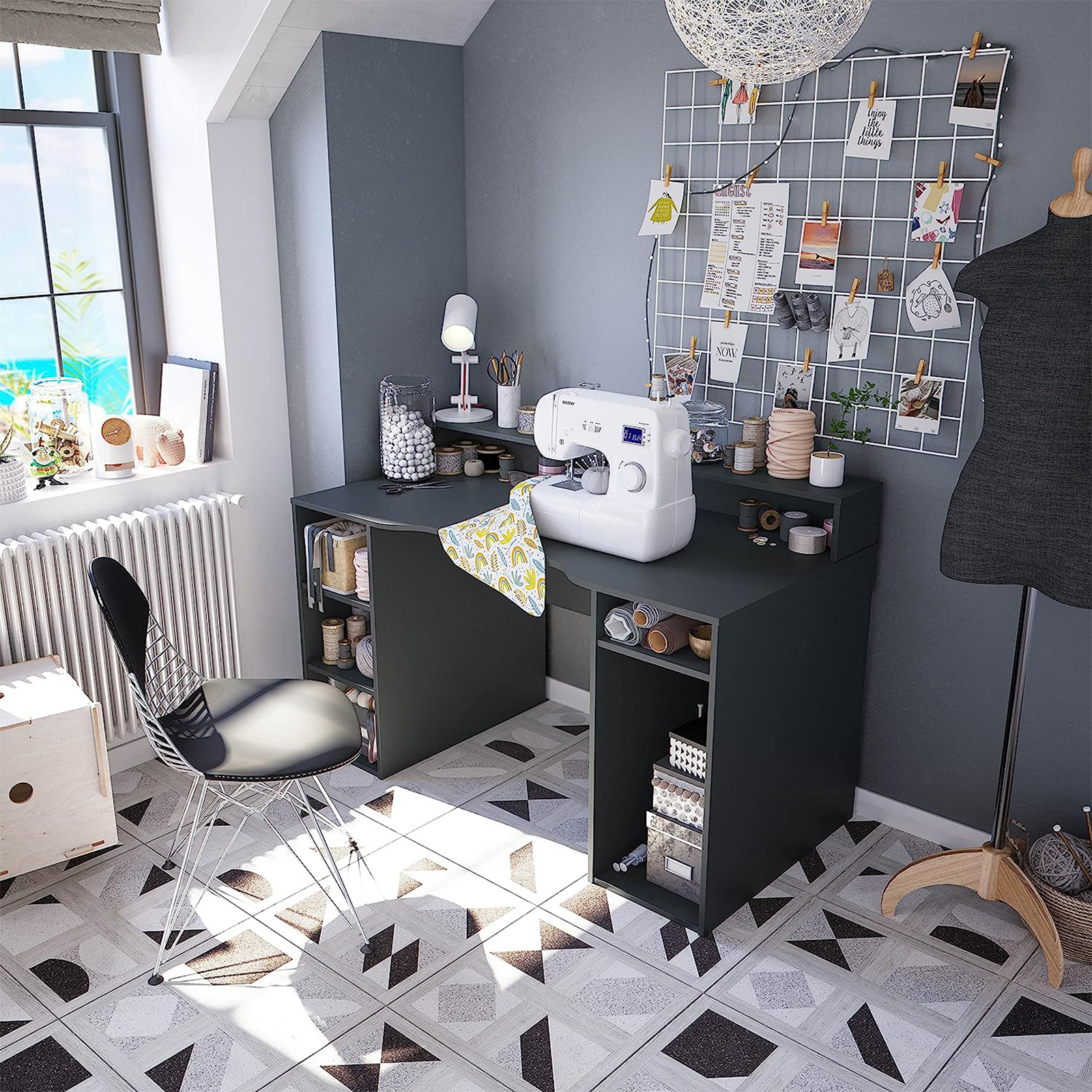 "Ozone" gaming desk in anthracite wood for the office with 5 open compartments, 136x67 cm, 88h