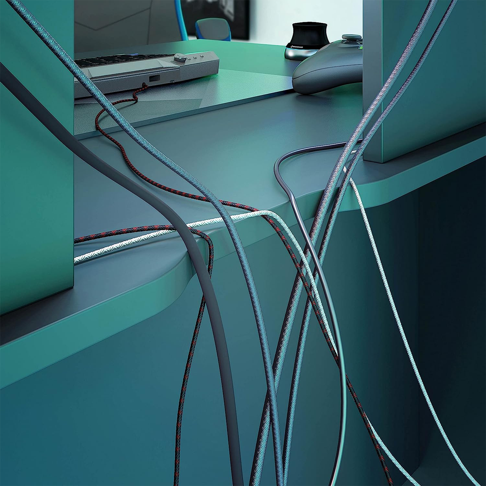 "Ozone" gaming desk in anthracite wood for the office with 5 open compartments, 136x67 cm, 88h