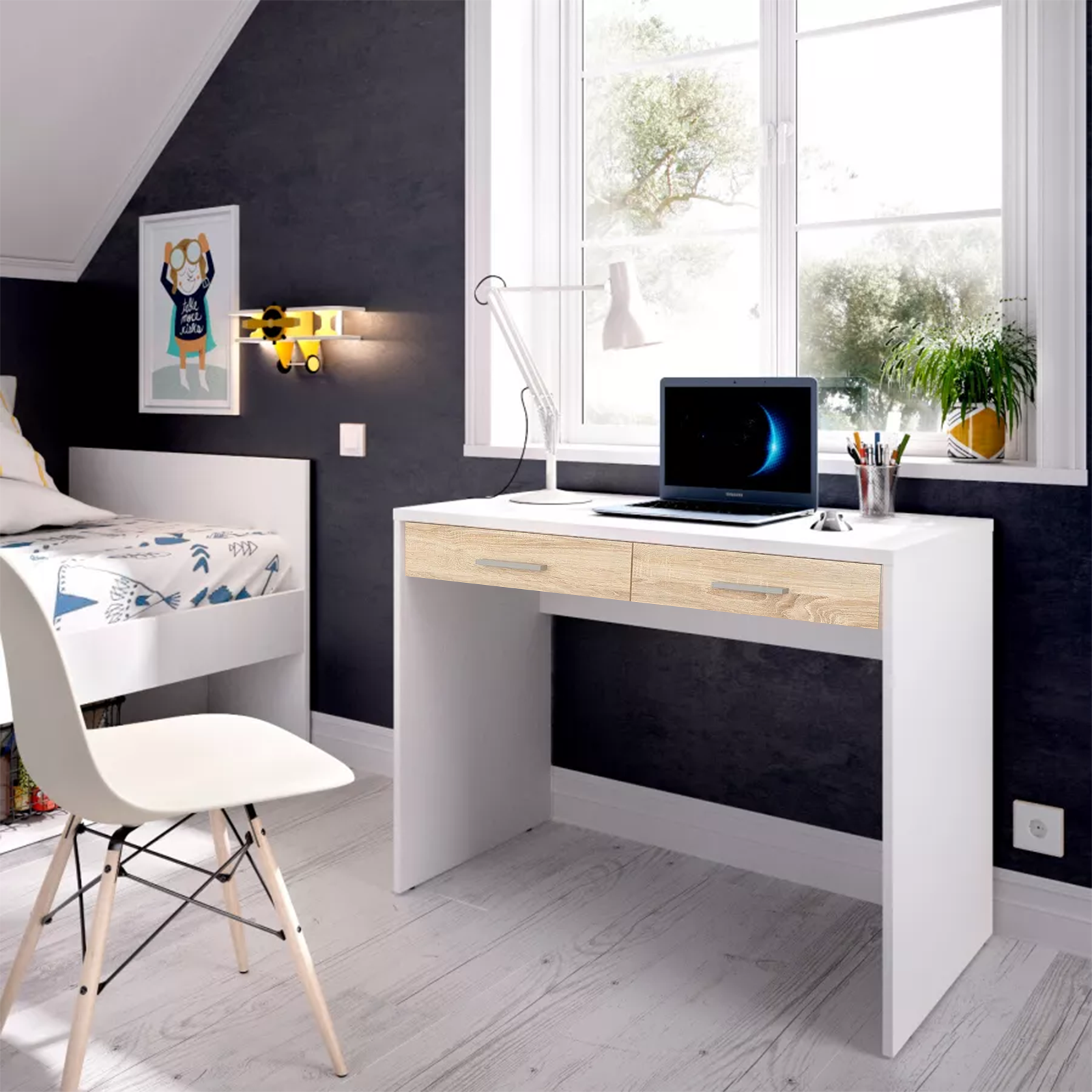 White wooden "USB" office desk with 2 oak drawers, 100x60 cm, 75 cm high
