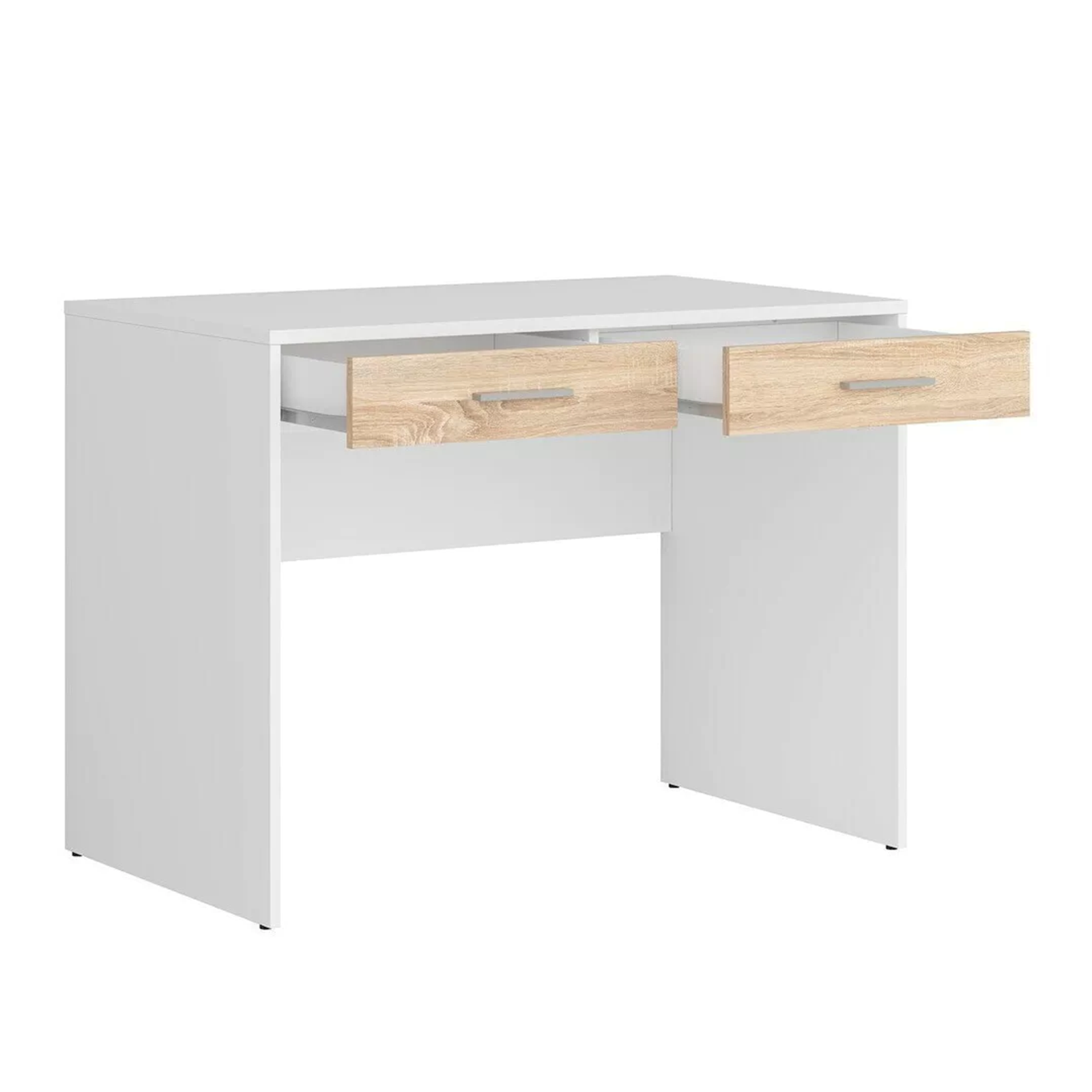 White wooden "USB" office desk with 2 oak drawers, 100x60 cm, 75 cm high