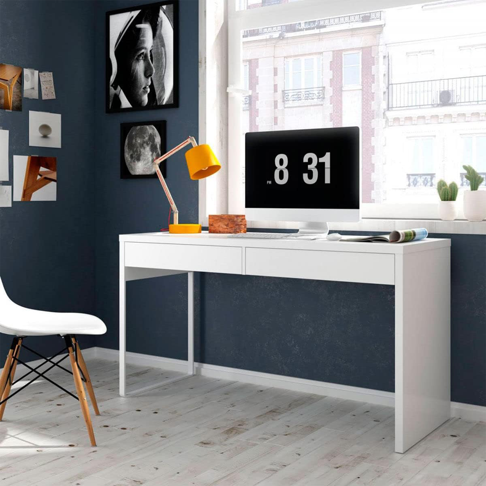 "Touch" white wooden computer desk for office with 2 drawers, 138x50 cm, 75 cm high