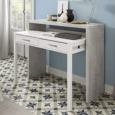 Scrivania in legno cemento con vano estraibile e cassetti bianchi cm 36x99 88h