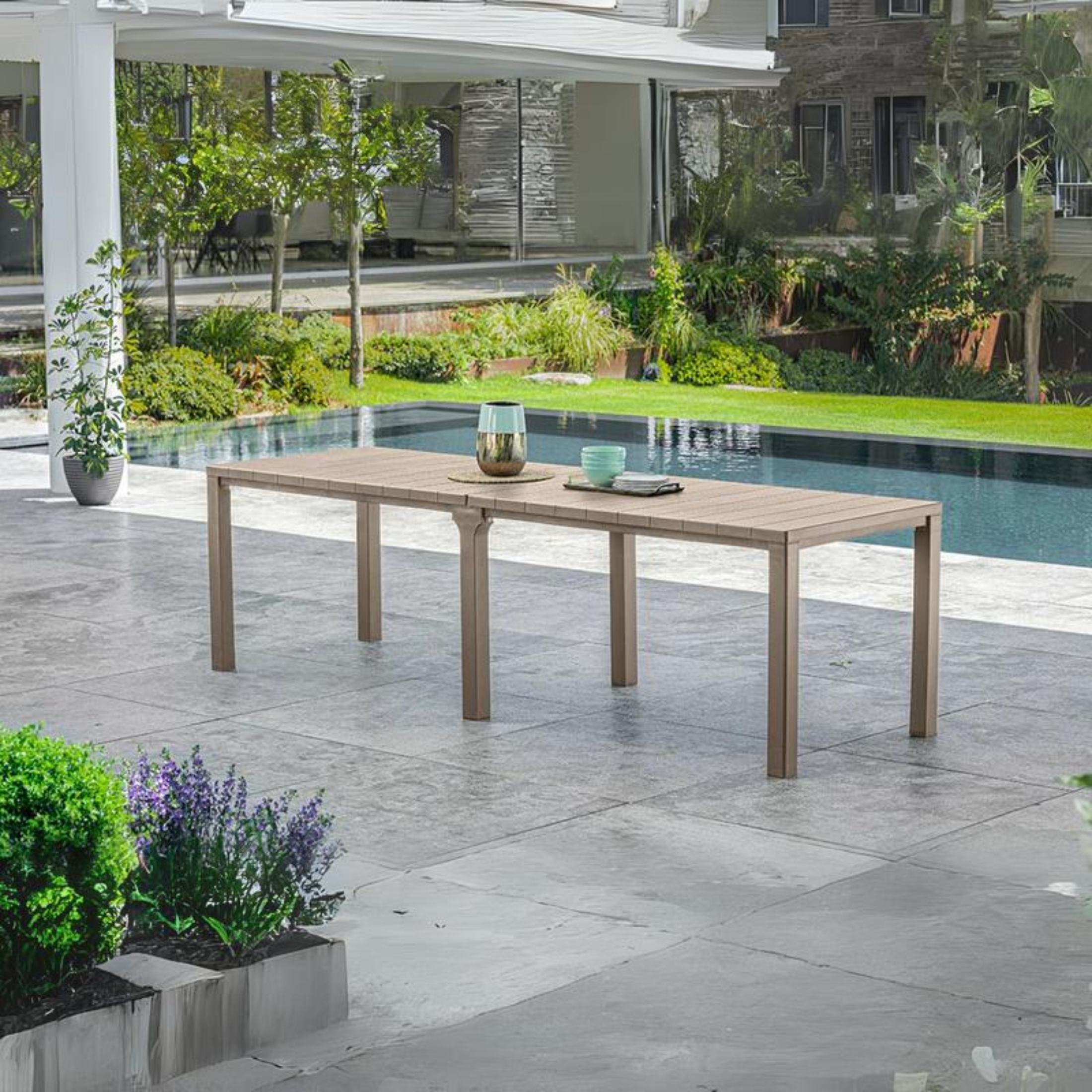 "Julie" outdoor table with slats in square and rectangular resin for the garden, 295x90 cm, 74.5 cm high
