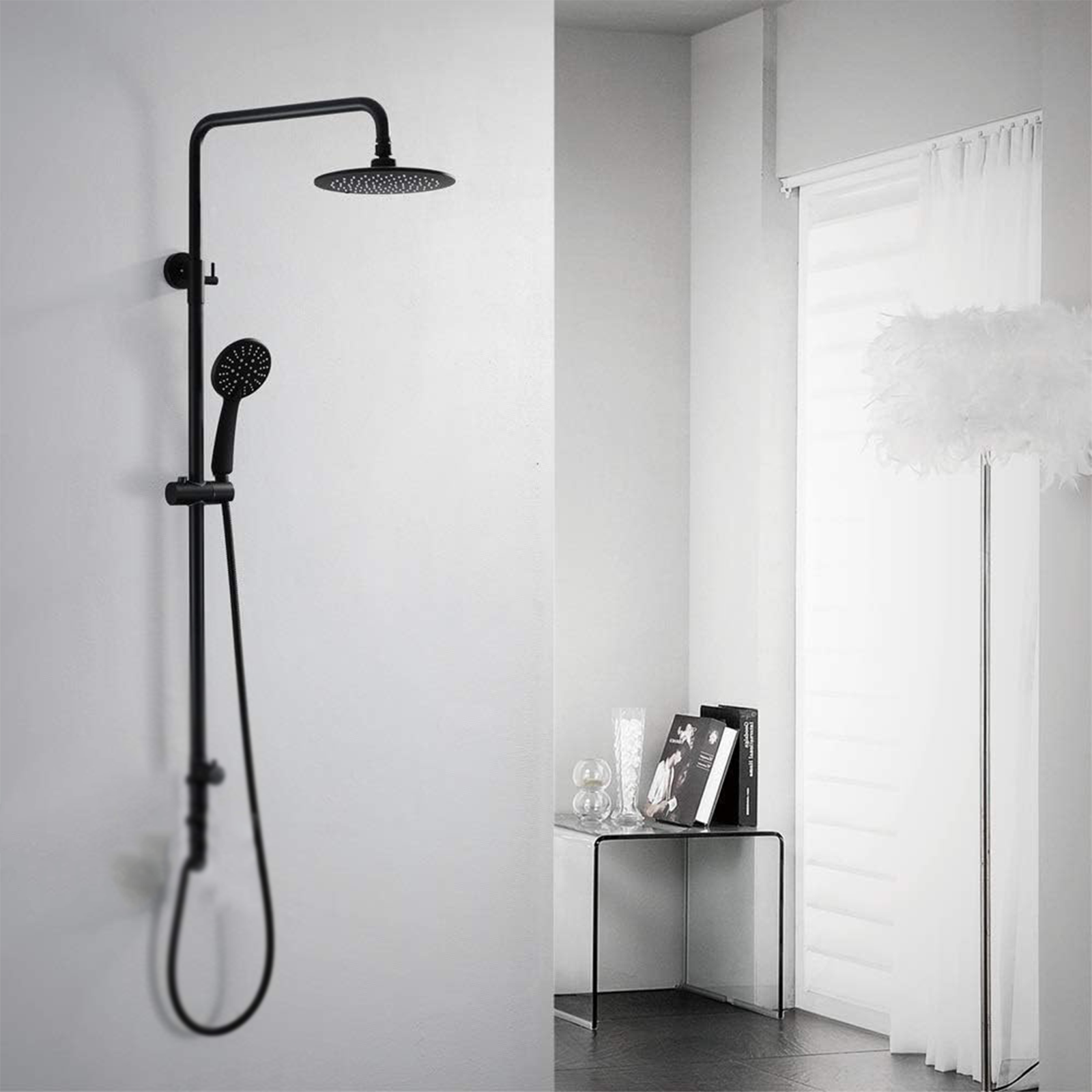 Adjustable matt black aluminium shower column with single jet hand shower and sliding rail