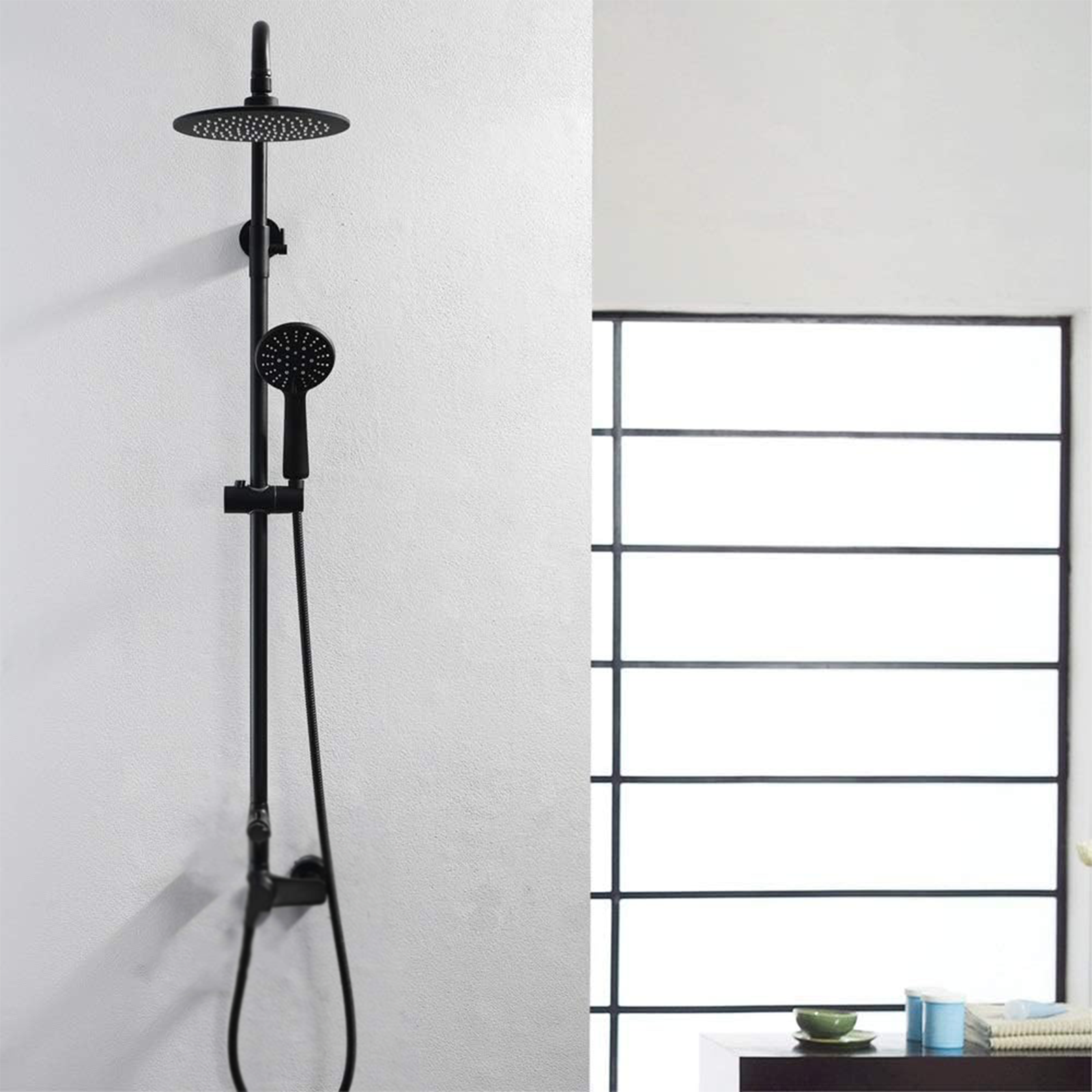 Adjustable matt black aluminium shower column with single jet hand shower and sliding rail