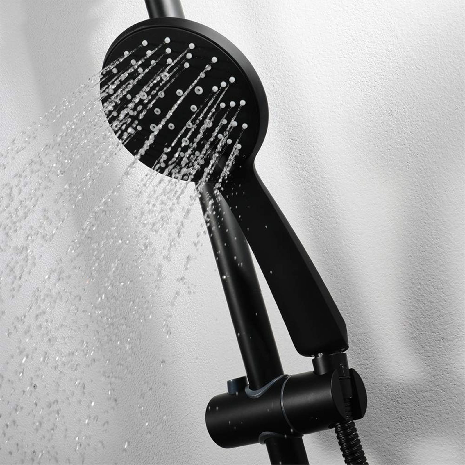 Adjustable matt black aluminium shower column with single jet hand shower and sliding rail