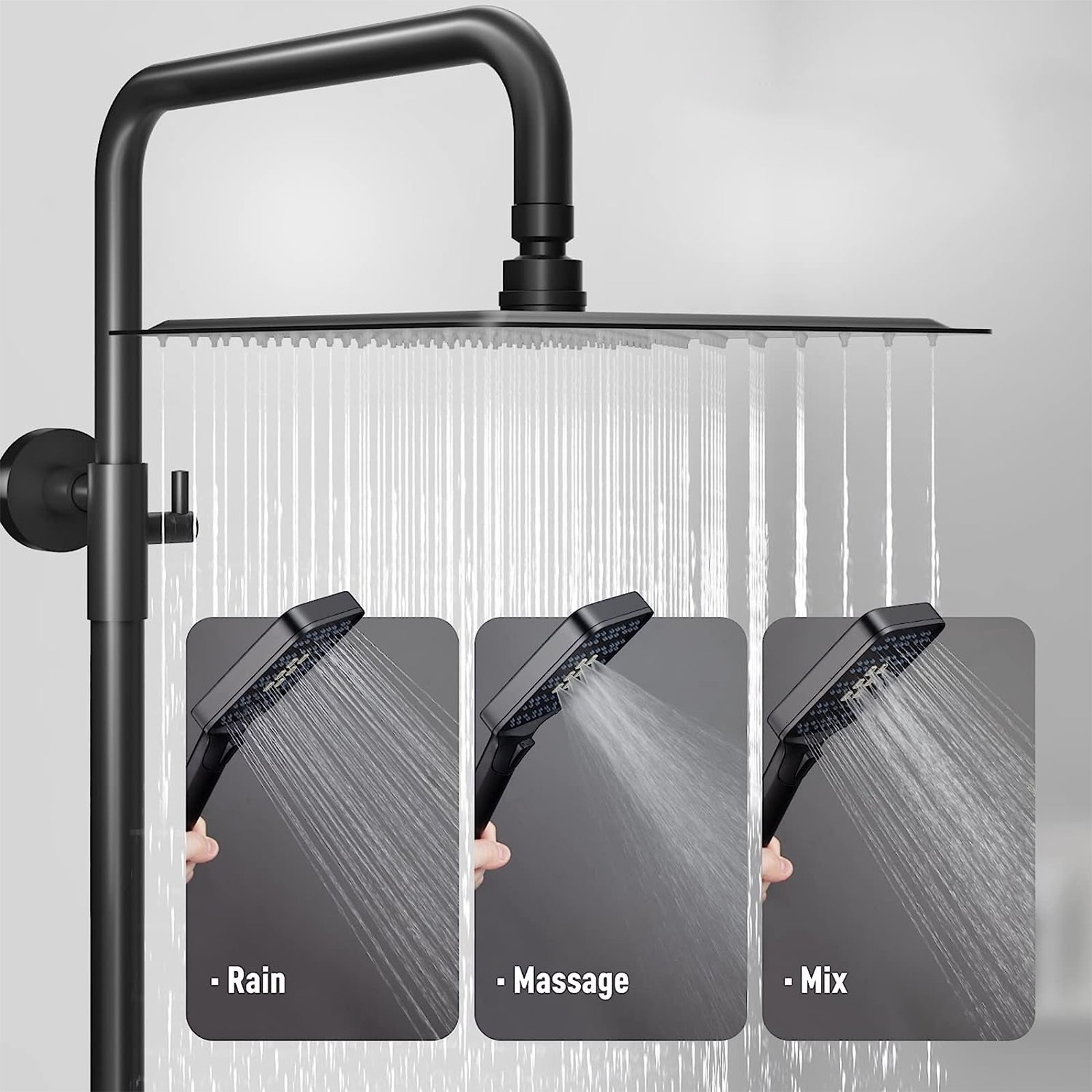 Columna de ducha orientable cuadrada de aluminio negro mate con teleducha de 3 chorros y barra corredera