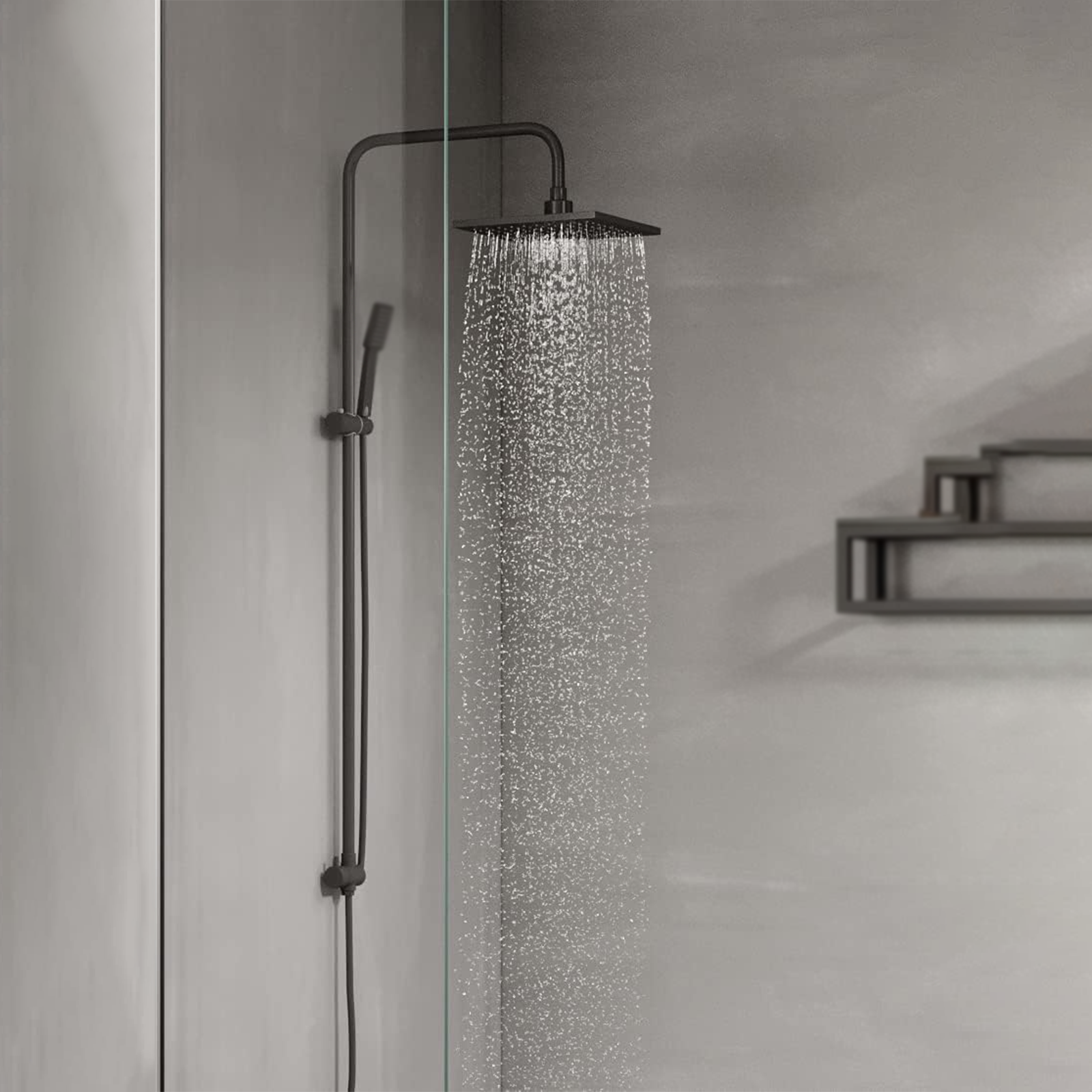 Adjustable square shower column in matt black aluminum with 3-jet hand shower and slide rail