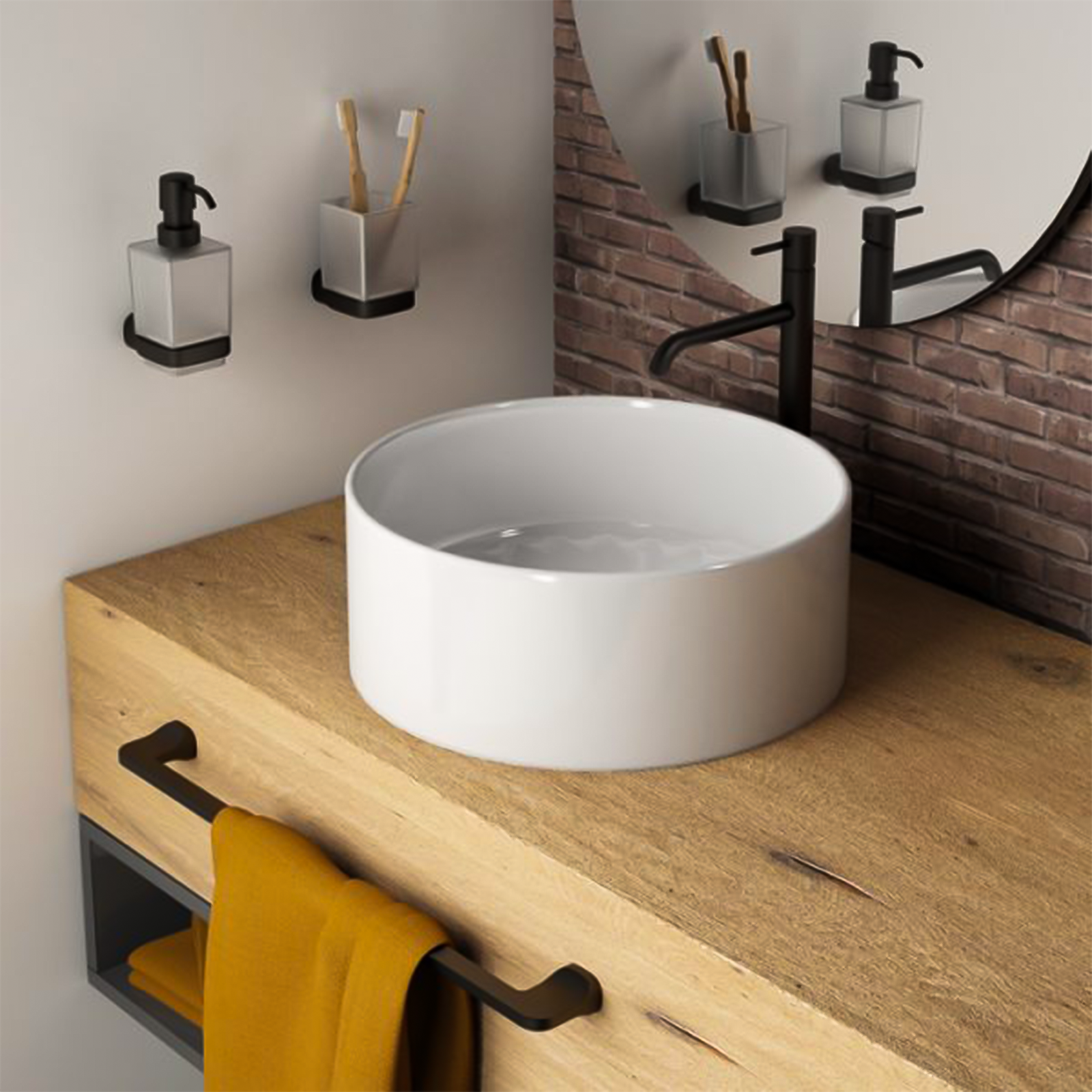 "Stelvio" bathroom set with toothbrush holder, soap dish, and toilet brush in frosted glass and steel