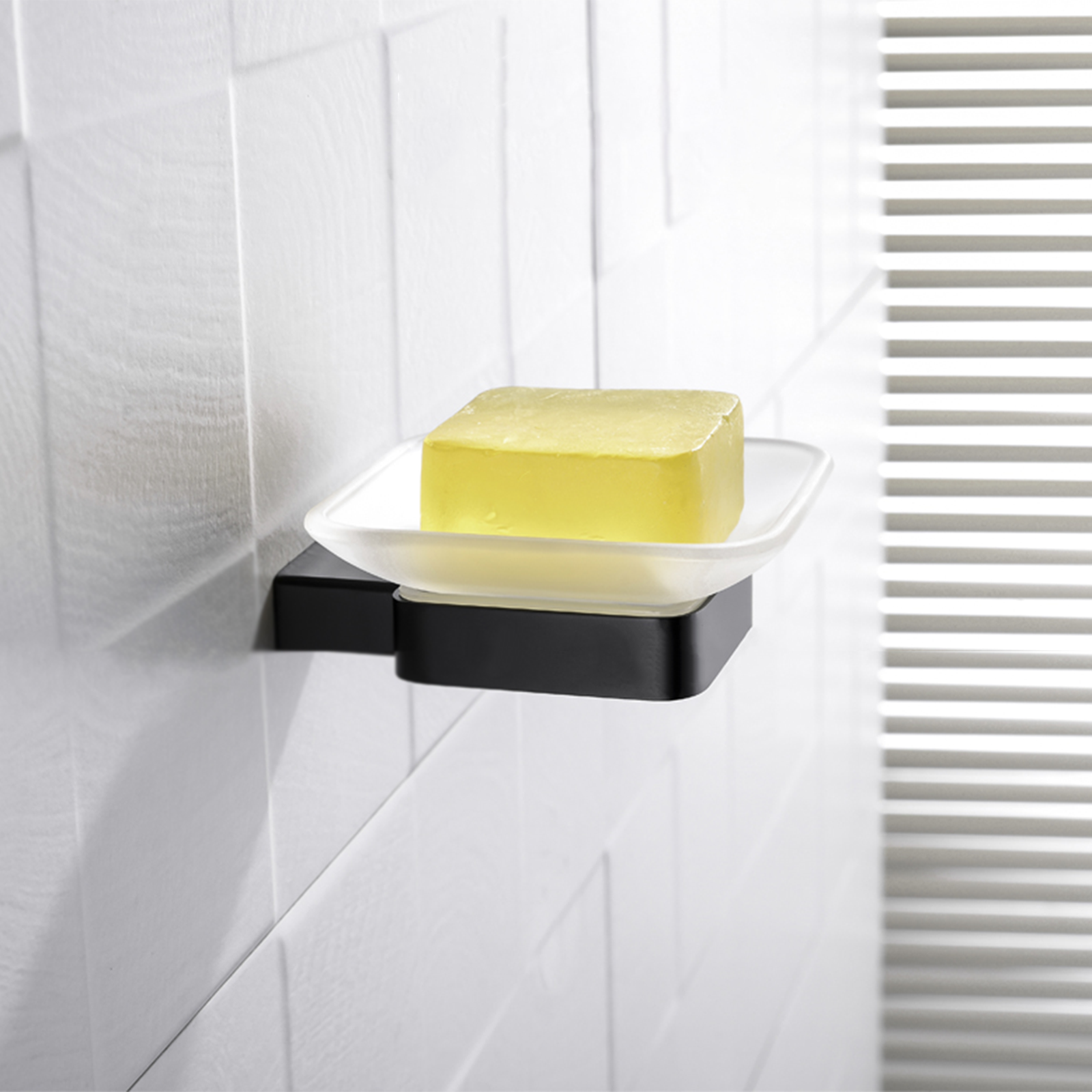 "Stelvio" bathroom set with toothbrush holder, soap dish, and toilet brush in frosted glass and steel