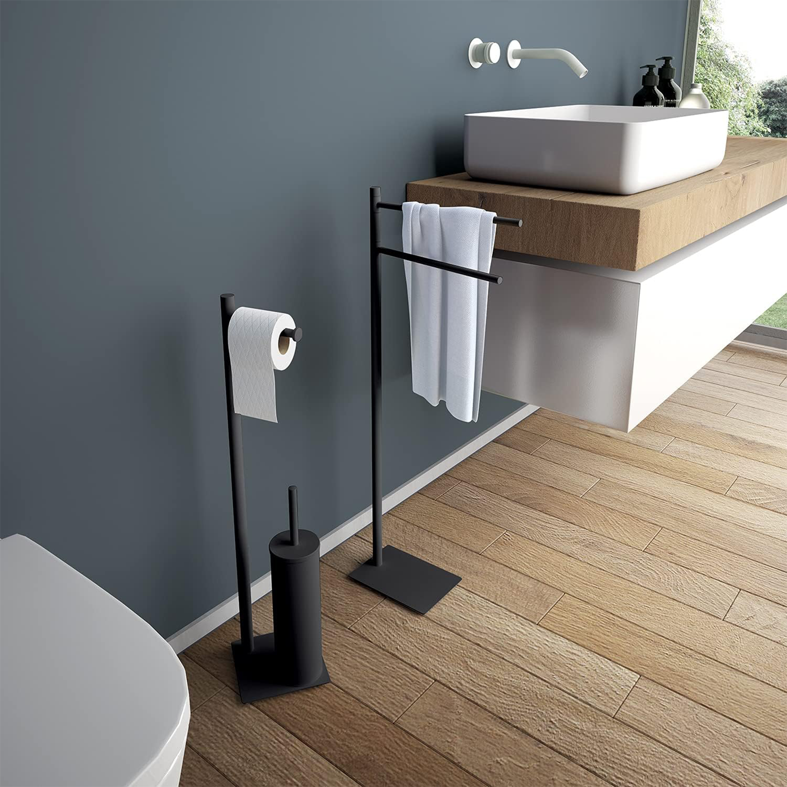 "Trilly" towel holder in matt black stainless steel, 34x12 cm, 83.5 cm high