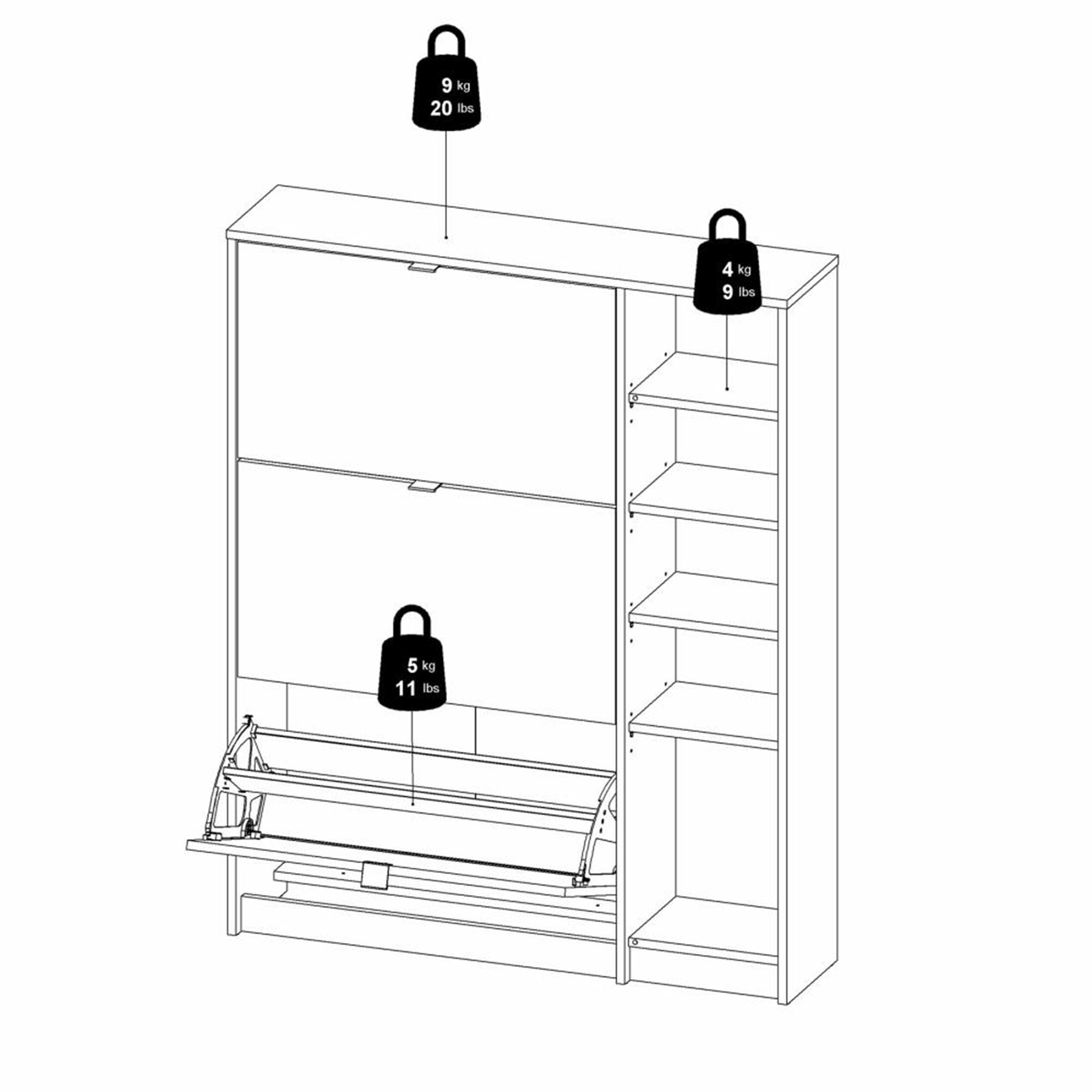 "Class" modular wooden shoe rack with 1 door and 3 flaps, 102x24 cm, 125 cm high